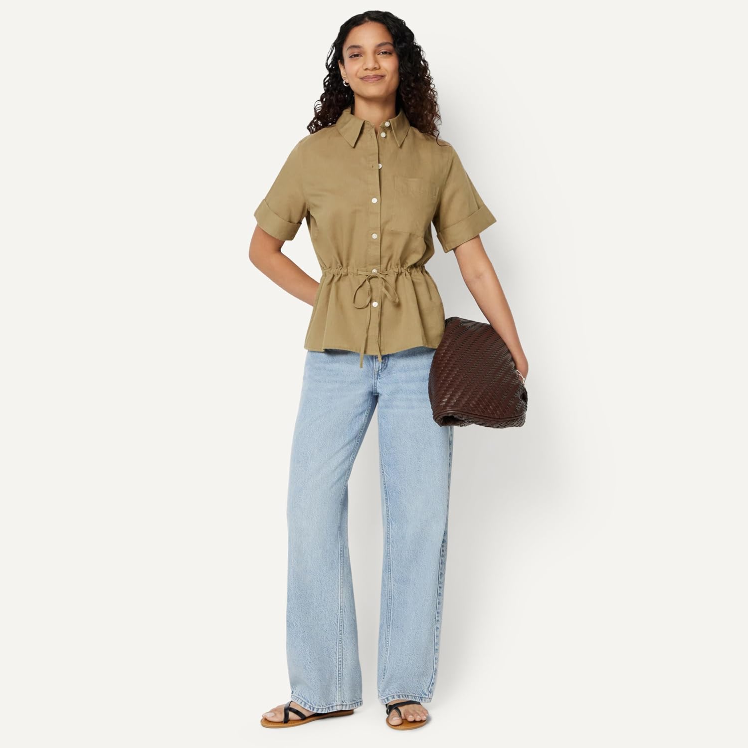 Detalle de Amazon Essentials Women's Relaxed-Fit Linen Blend Wide-Sleeve Shirt with Adjustable Waist