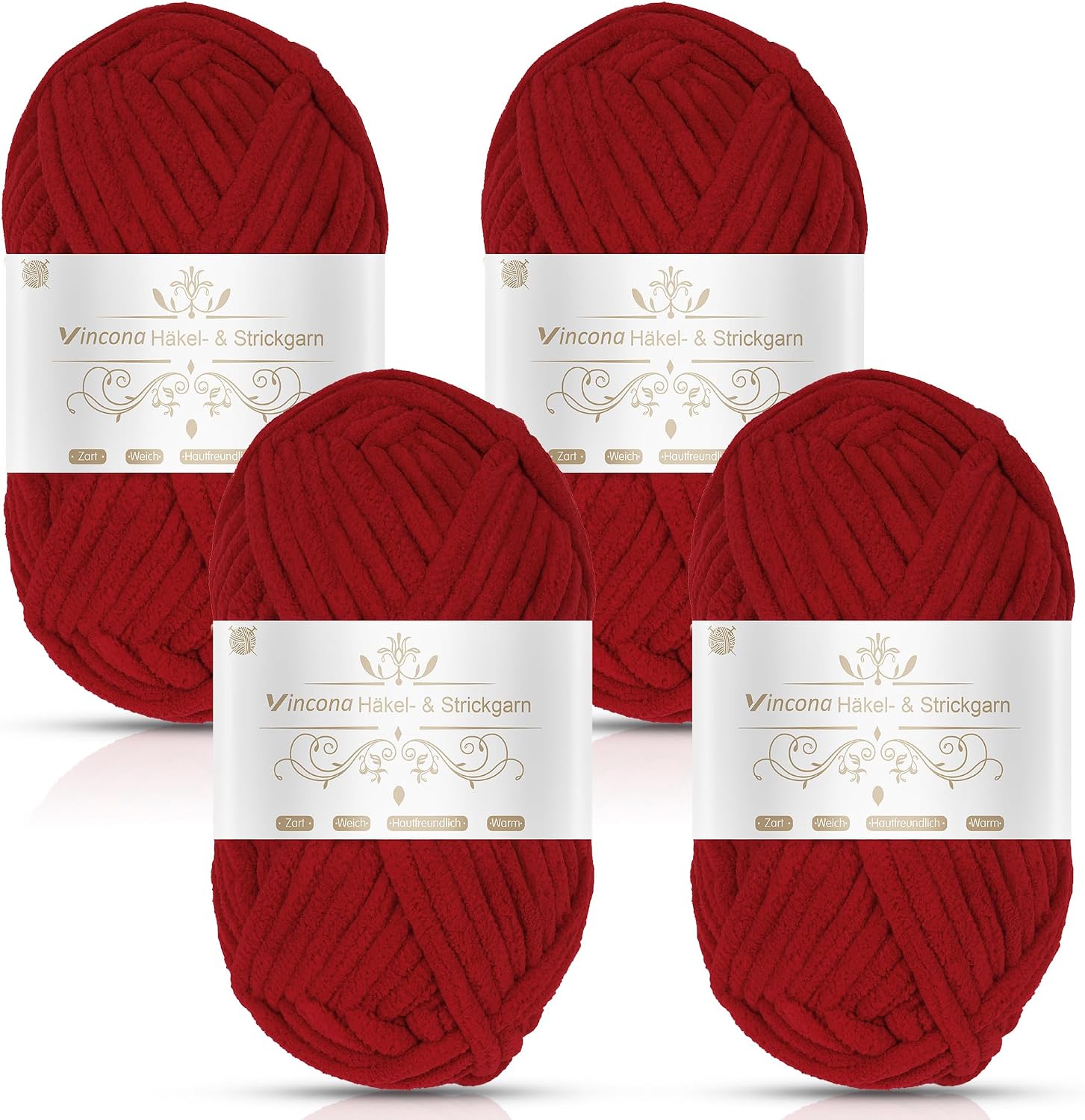 Vincona Lot de 4 pelotes chenille super épais 100 g – crochet & tricot, 7 mm, 44–46 m/par pelote