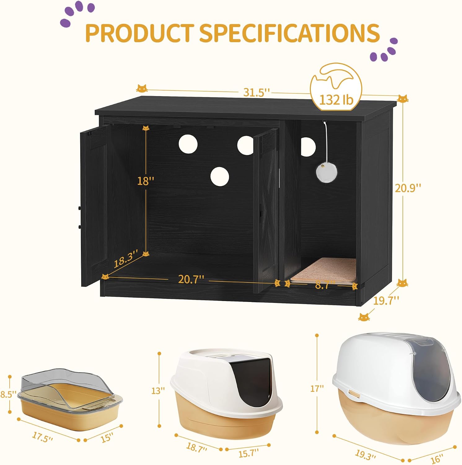 Thumbnail 6 de Hzuaneri CB82404X Cat Litter Box Enclosure, Black Farmhouse Cabinet with Curved Entry