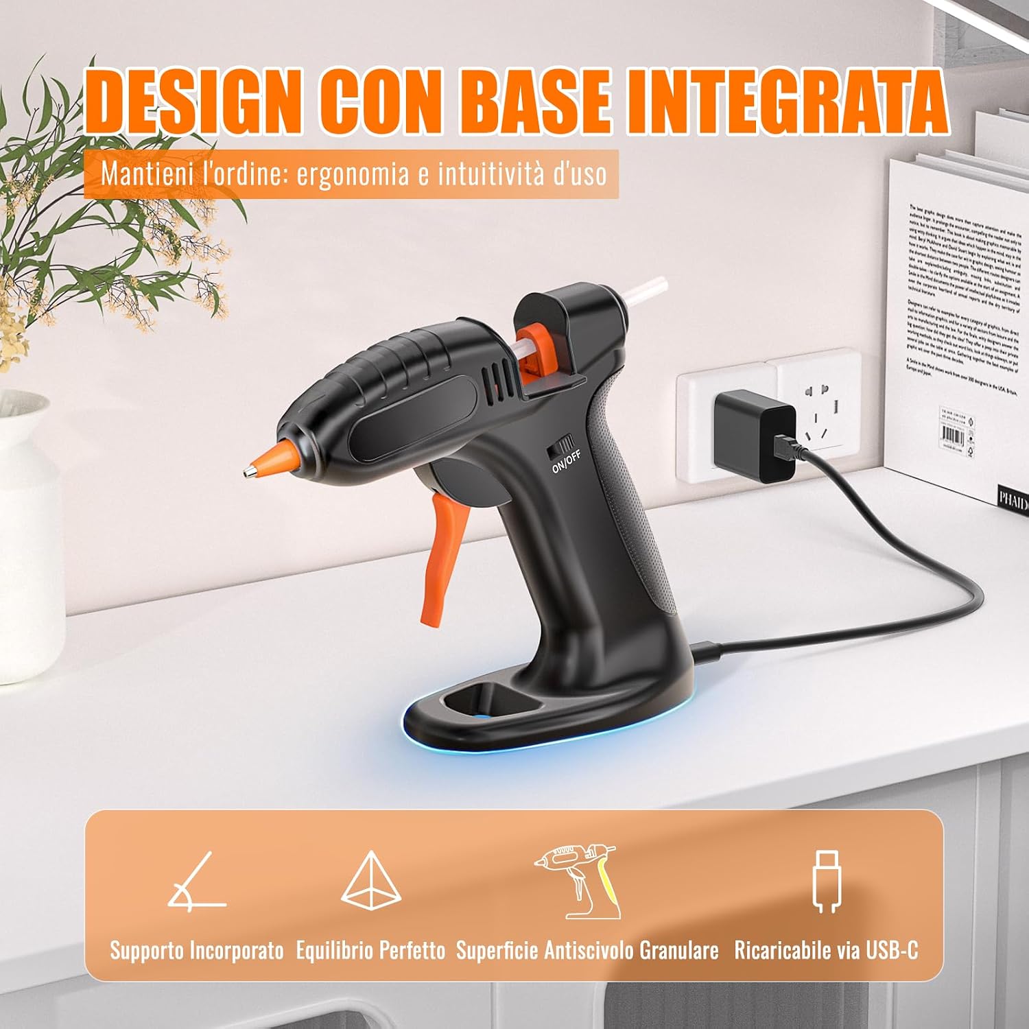 Detalle de BURNNOVE Pistola per Colla a Caldo Senza Fili: 3000mAh, USB-C e 40 bastoncini 7×150mm per bricolage