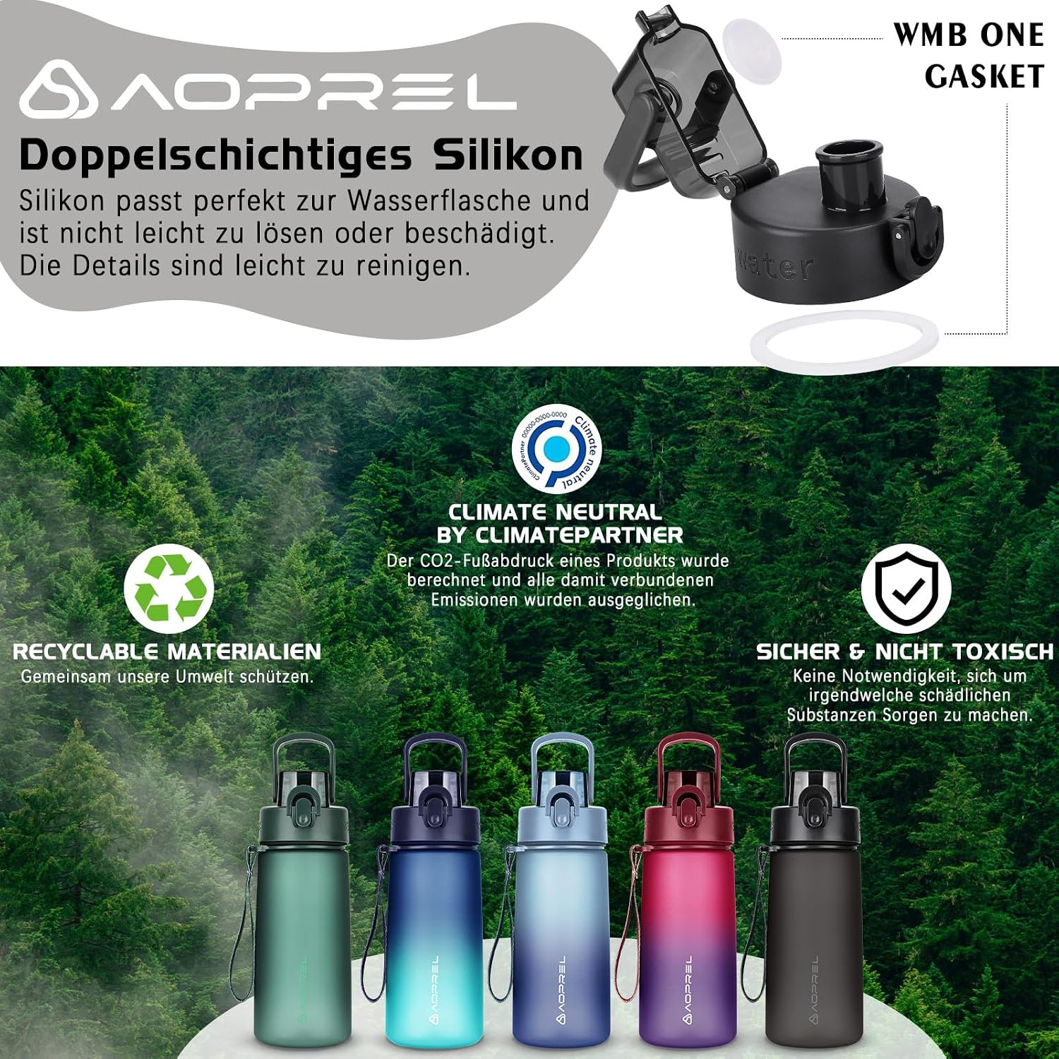 Detalle de AOPREL Trinkflasche 600 ml – BPA-freie Tritan-Wasserflasche, auslaufsicher