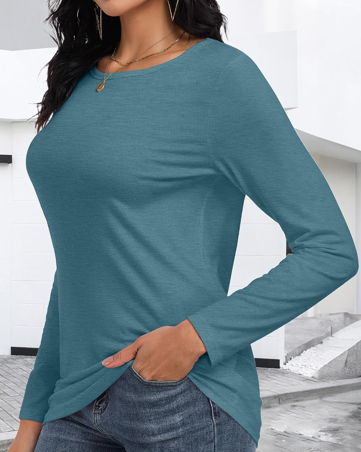 Detalle 2 de CHICALLURE Women's Long-Sleeve Crew-Neck T-Shirt, Loose Fit, Breathable