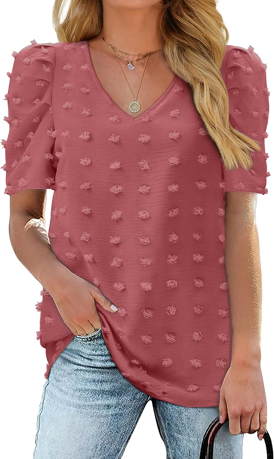 Detalle de Aokosor Ladies Tops: Swiss Dot V-Neck Puff Sleeve Blouse for Everyday Style