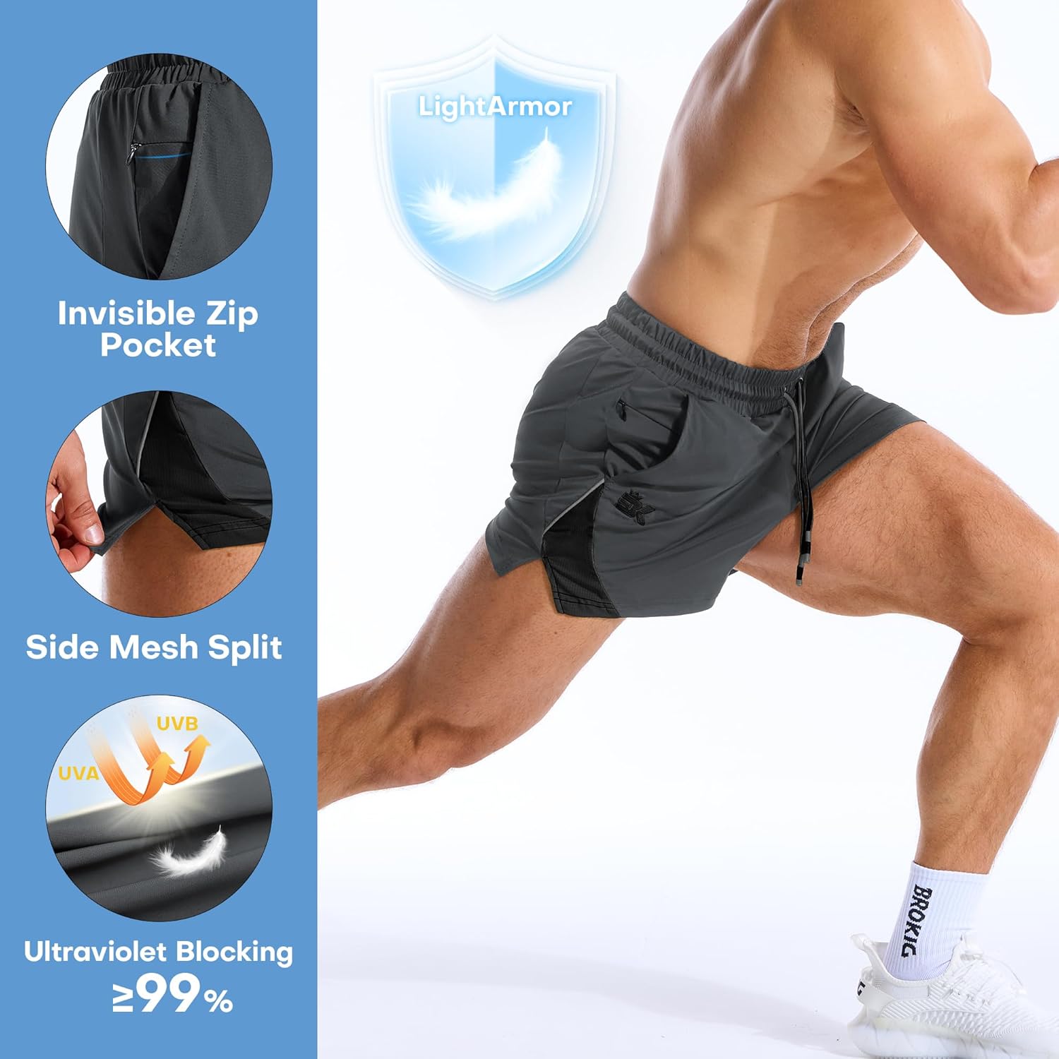 Thumbnail 3 de BROKIG Mens LightArmor Gym Running Shorts: Light, Breathable and Practical