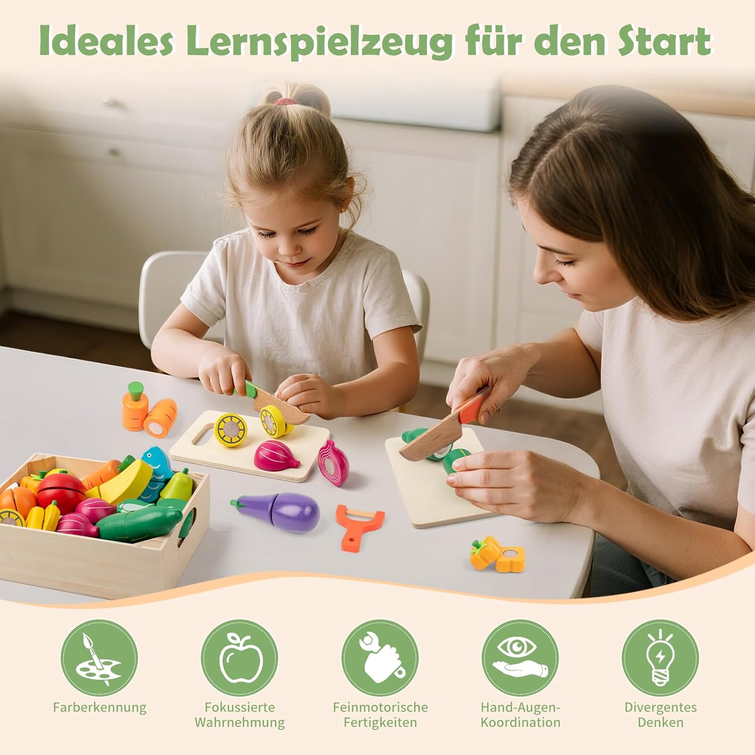 Thumbnail 2 de FMSKS Kinderküche Zubehör aus Holz – ab 3 Jahren, Klettverschluss, 32 Stück (Lernspielzeug)