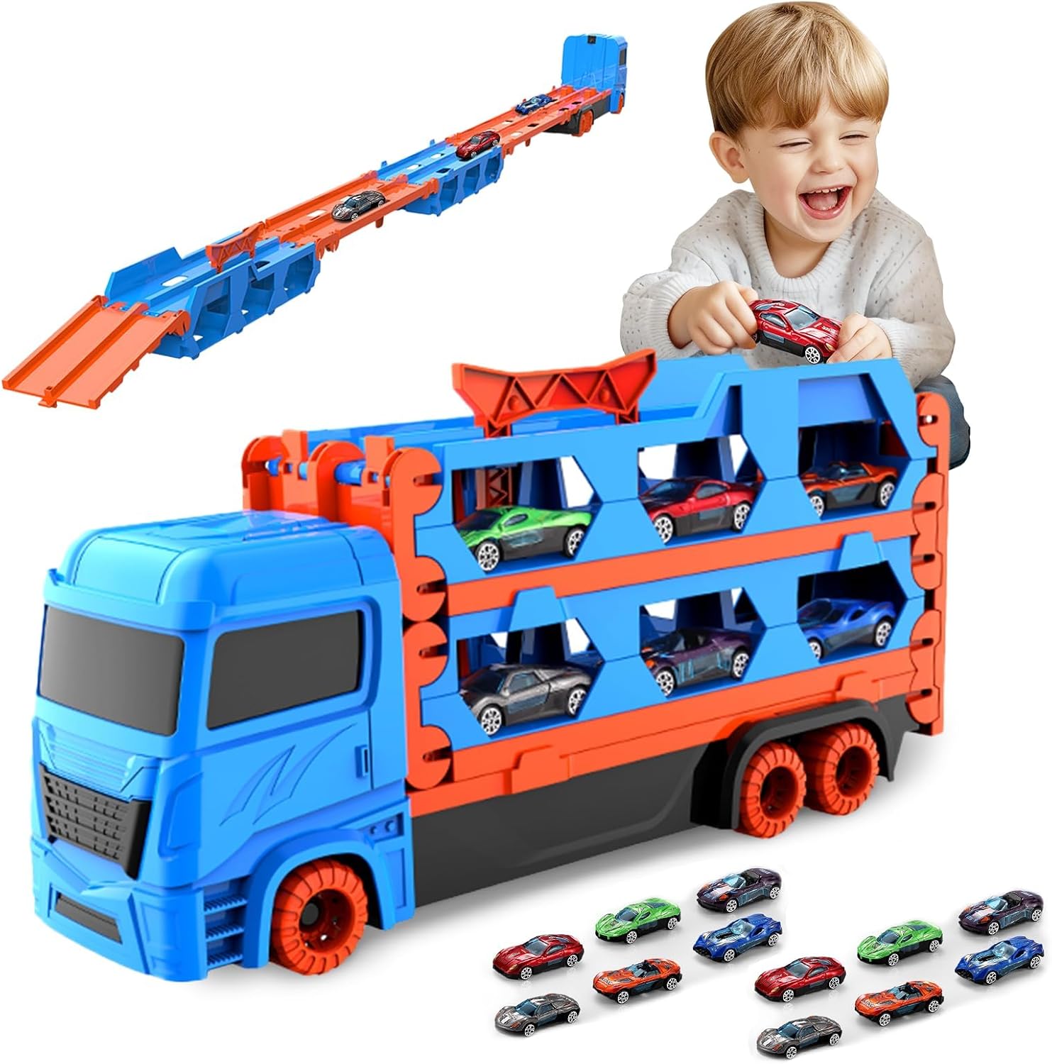 Thumbnail 6 de Qivange 16-Piece Race Car Transport Truck Set (207cm portable track) for toddlers and kids aged 3–7
