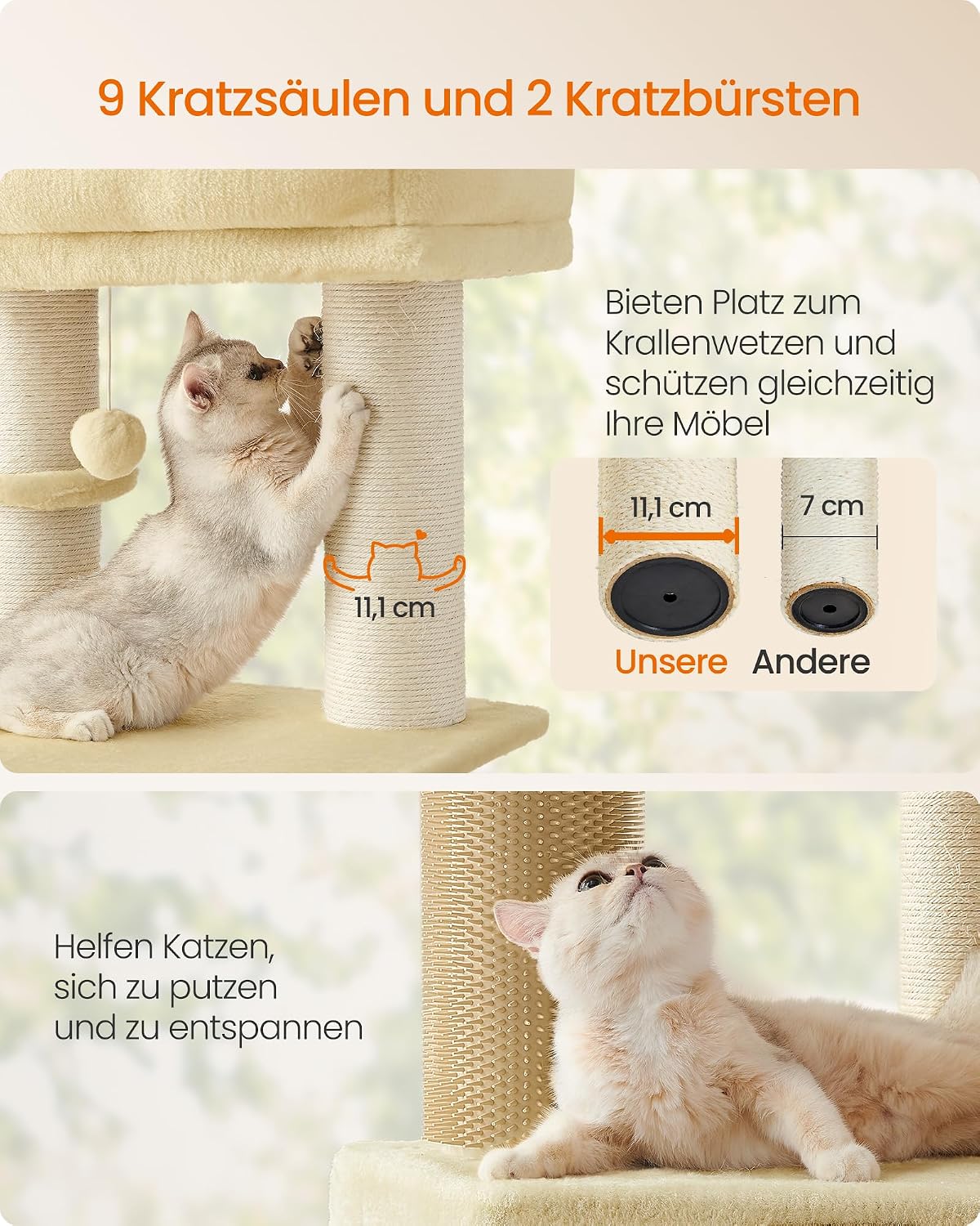 Detalle de Feandrea Kratzbaum PCT003Y01 mit warmen Decken, 50 x 50 x 160 cm und 2 Katzenbürsten