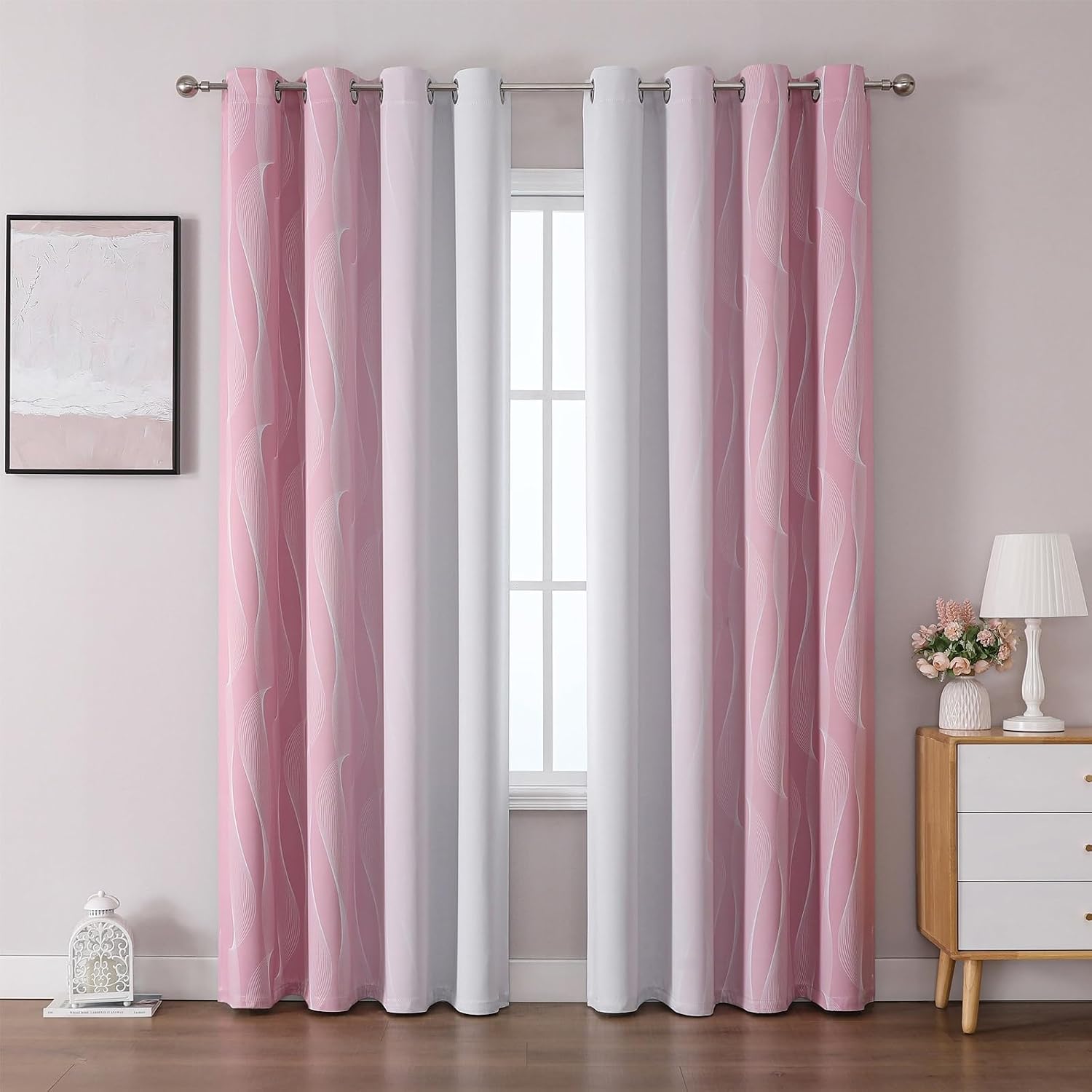 Detalle de Gazal Vole roze-witte ombregordijnen 132 × 244 cm met ringen