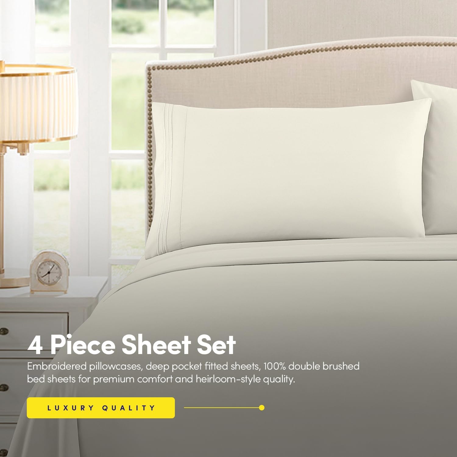 Thumbnail 3 de 1500 Supreme Collection Twin Sheet Sets Ivory (3-Piece) with Stay-in-Place Elastic Corner Straps