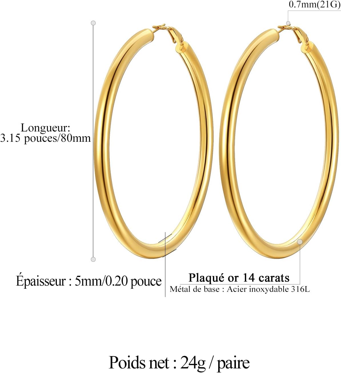 Detalle de FindChic Créoles en acier inoxydable pour femme (20/30/40/60/80 mm) – argenté, doré ou noir, fermoir à homard
