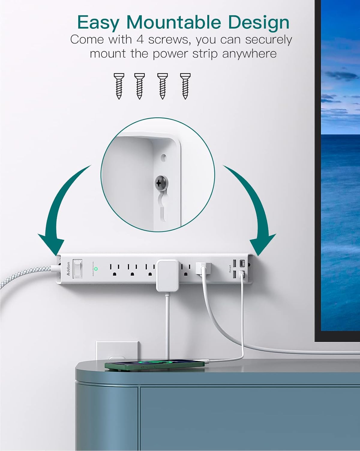 Thumbnail 5 de Extension Cord 10 ft Power Strip with 6-Outlets 2 USB-C 🔌