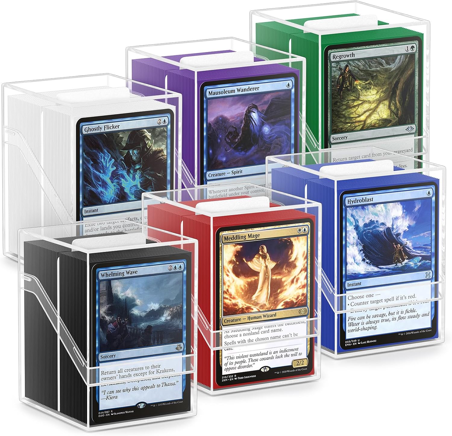 YSCare 6 Pack Card Deck Boxes with Sleeves and Dividers — Clear Commander Deck Case, 600 Sleeves & 6 Dividers, Standard Size Storage for MTG and Trading Cards
