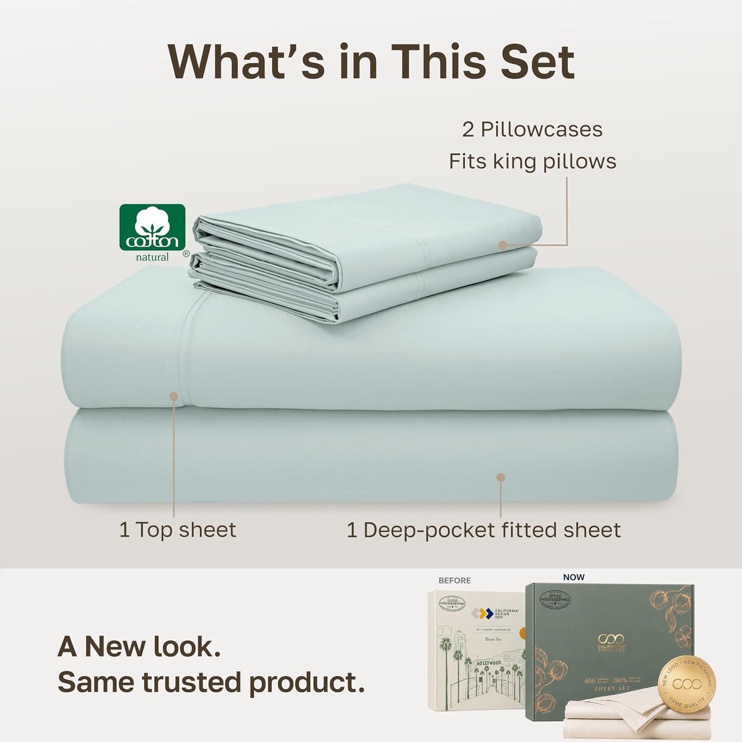 Detalle de California Design Den 840307127181 King Sheet Set, 600-Thread-Count Cotton Sateen, Seafoam