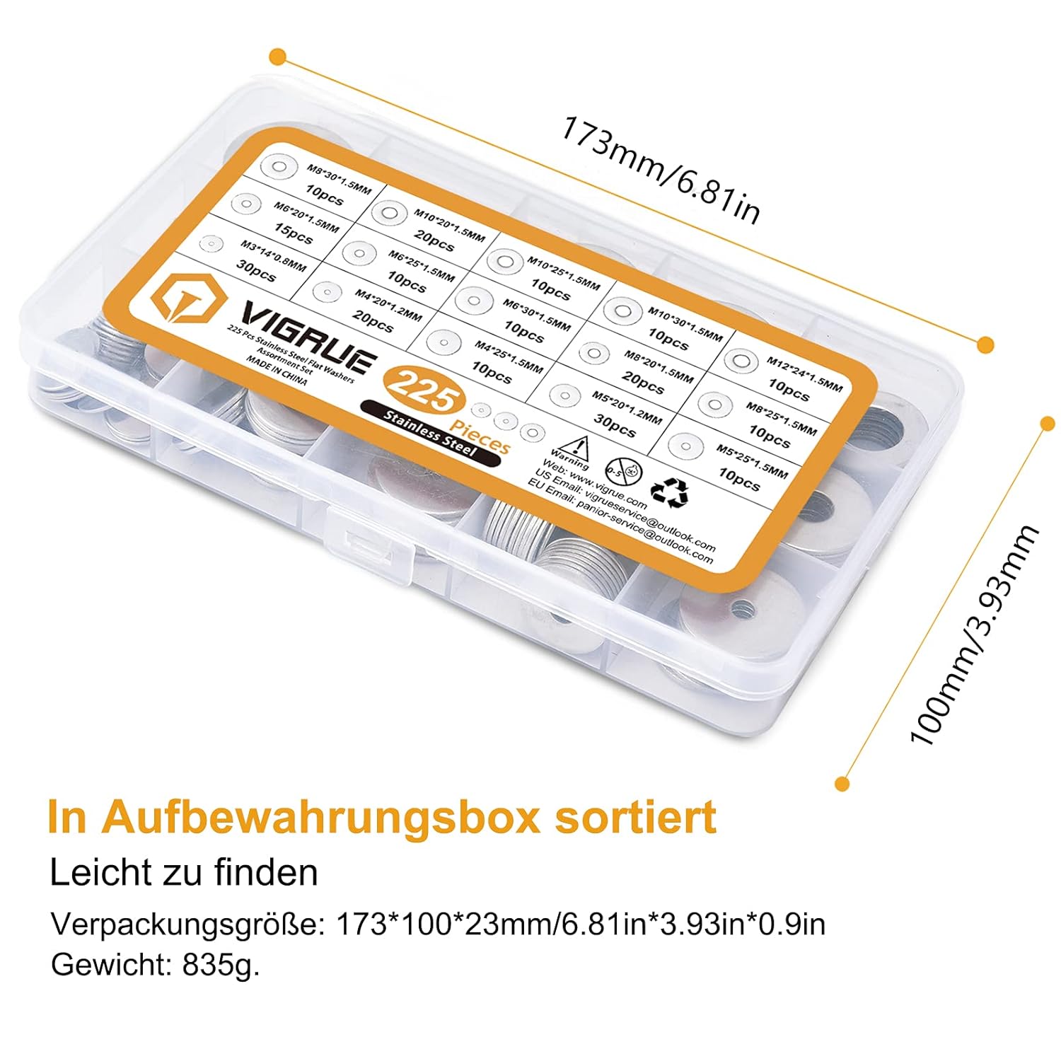 Thumbnail 6 de VIGRUE 225 Stück Edelstahl Flache Unterlegscheiben Set (7 Größen) für M3–M12