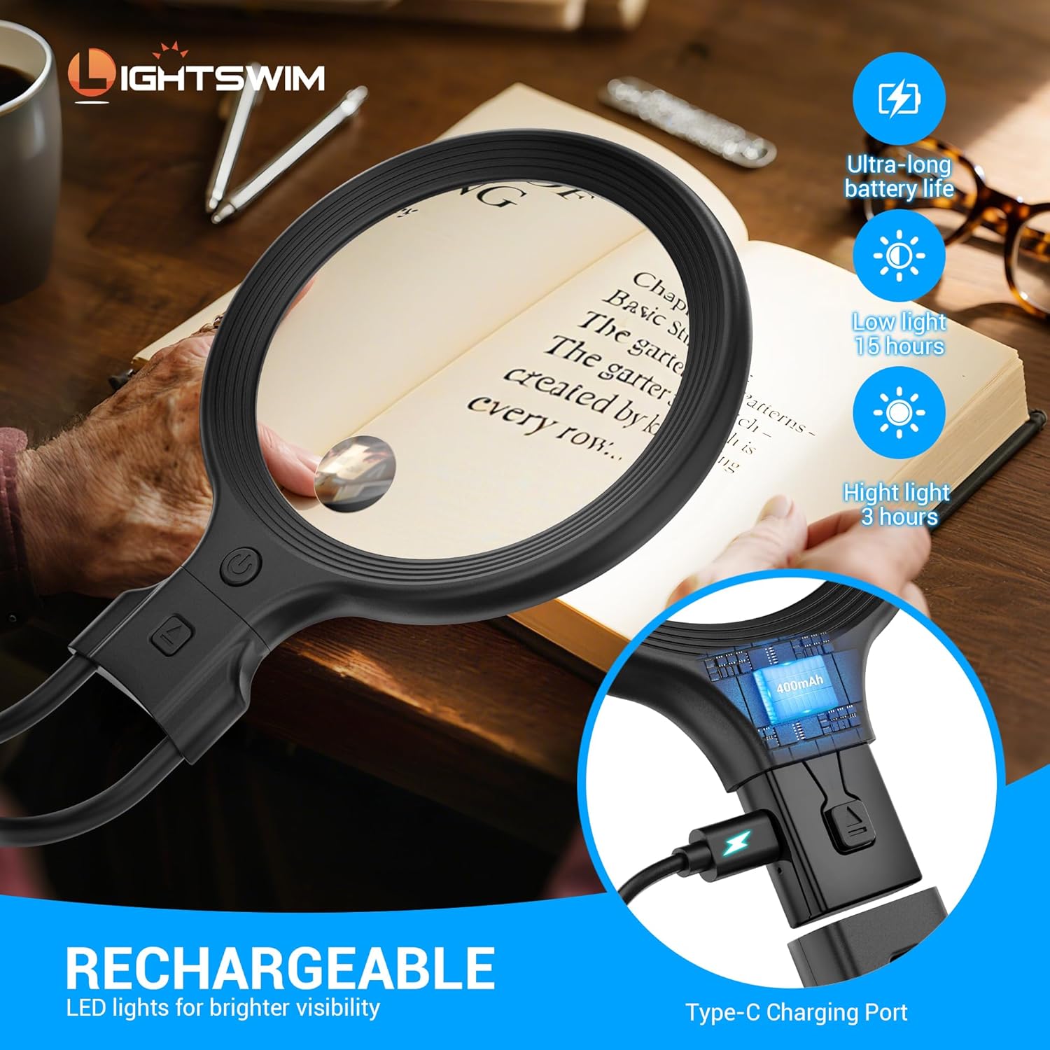 Detalle 2 de Lente d'ingrandimento da collo con luce: ingrandimento 5X/10X e 30 LED per lettura e lavori ravvicinati