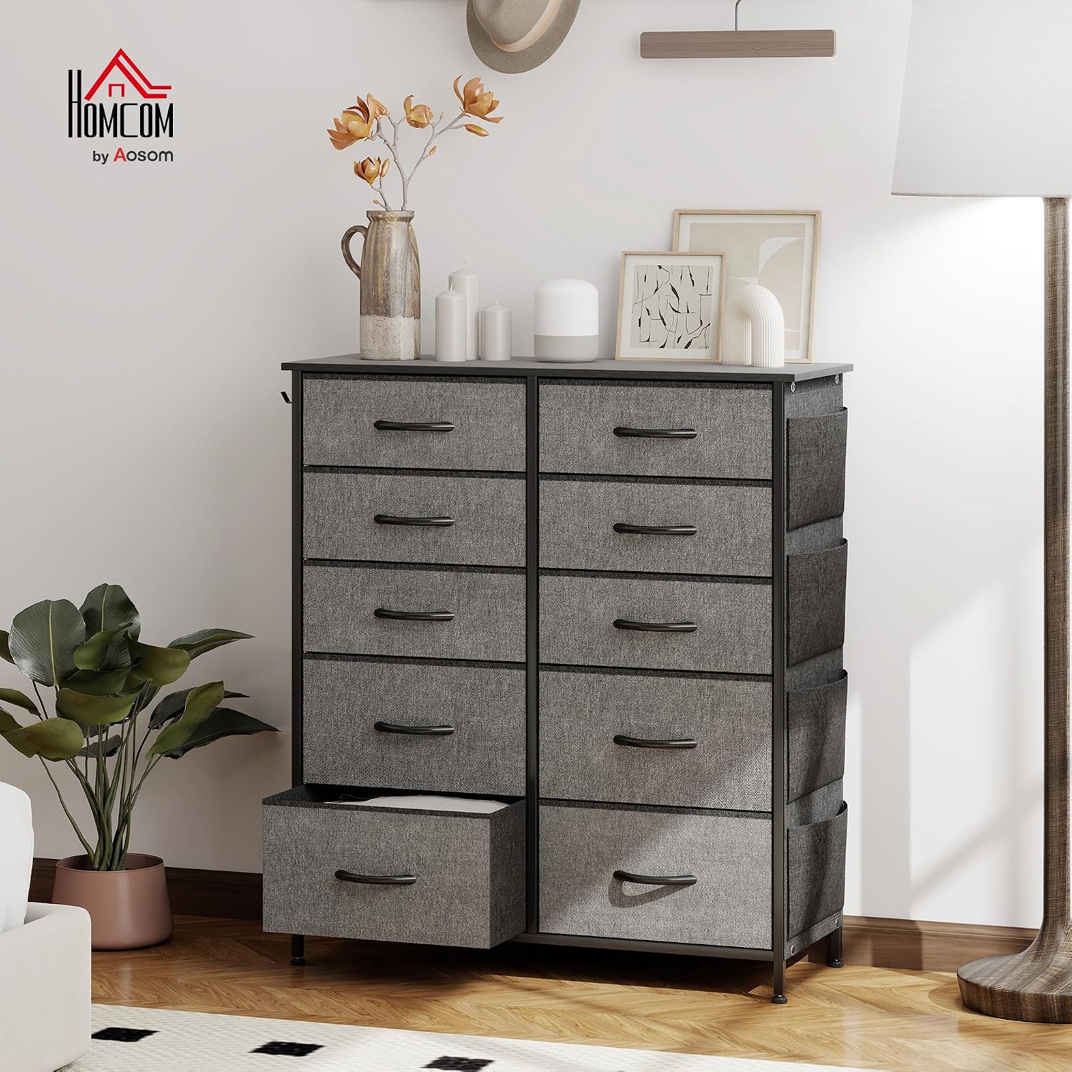 Detalle 2 de HOMCOM 83D-064V03GY Fabric Chest of Drawers, 10 Drawers, Charcoal Grey