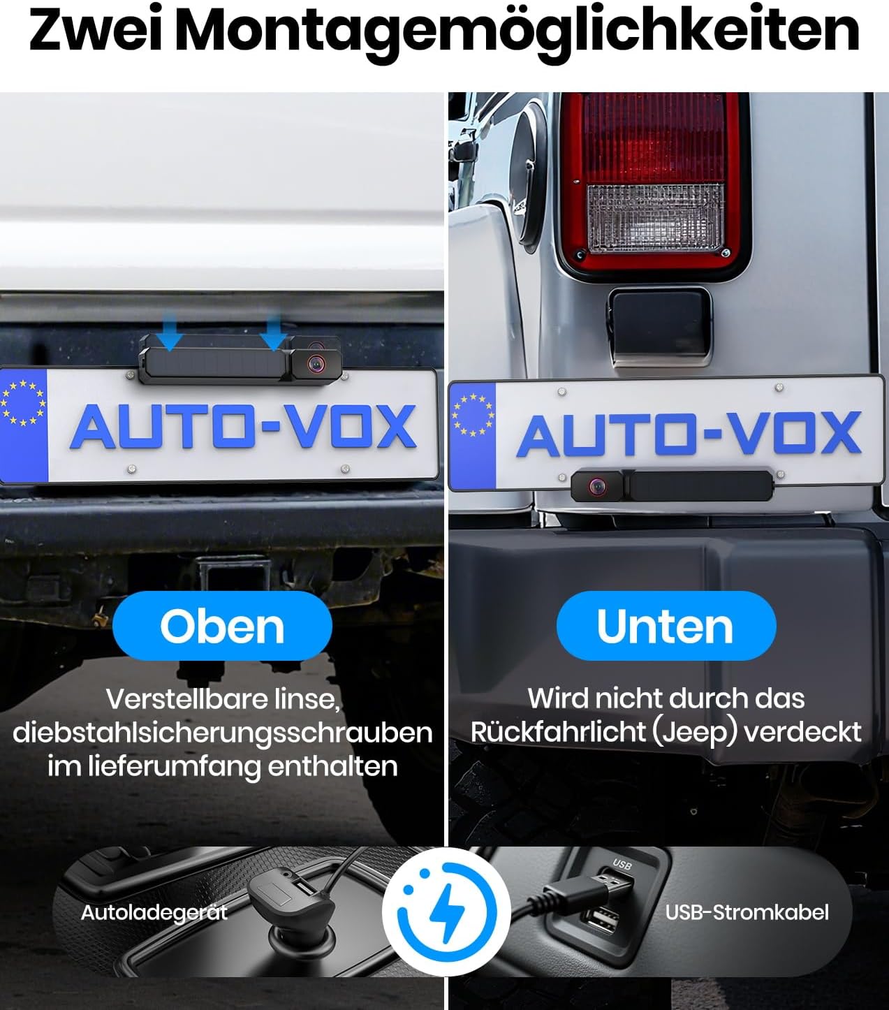 Thumbnail 2 de AUTO-VOX kabellose Solar-Rückfahrkamera mit 7,2" HD Split-Screen und Dual-Antenne (1080P, Farbnachtsicht)