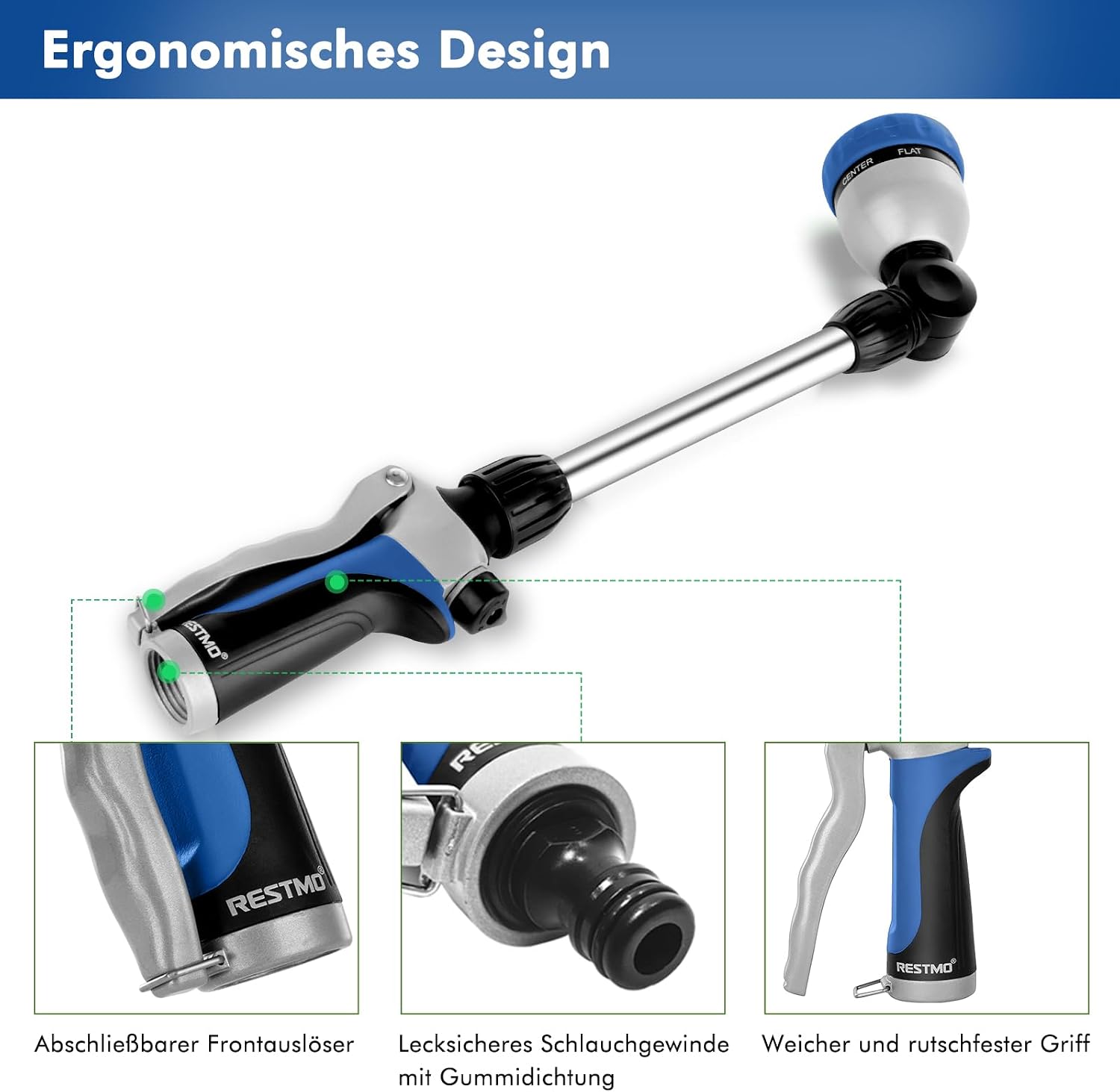 Thumbnail 4 de RESTMO Garten-Gießstab Metall 42 cm mit 180° schwenkbarem Kopf und 7 Sprühbildern (Blau)