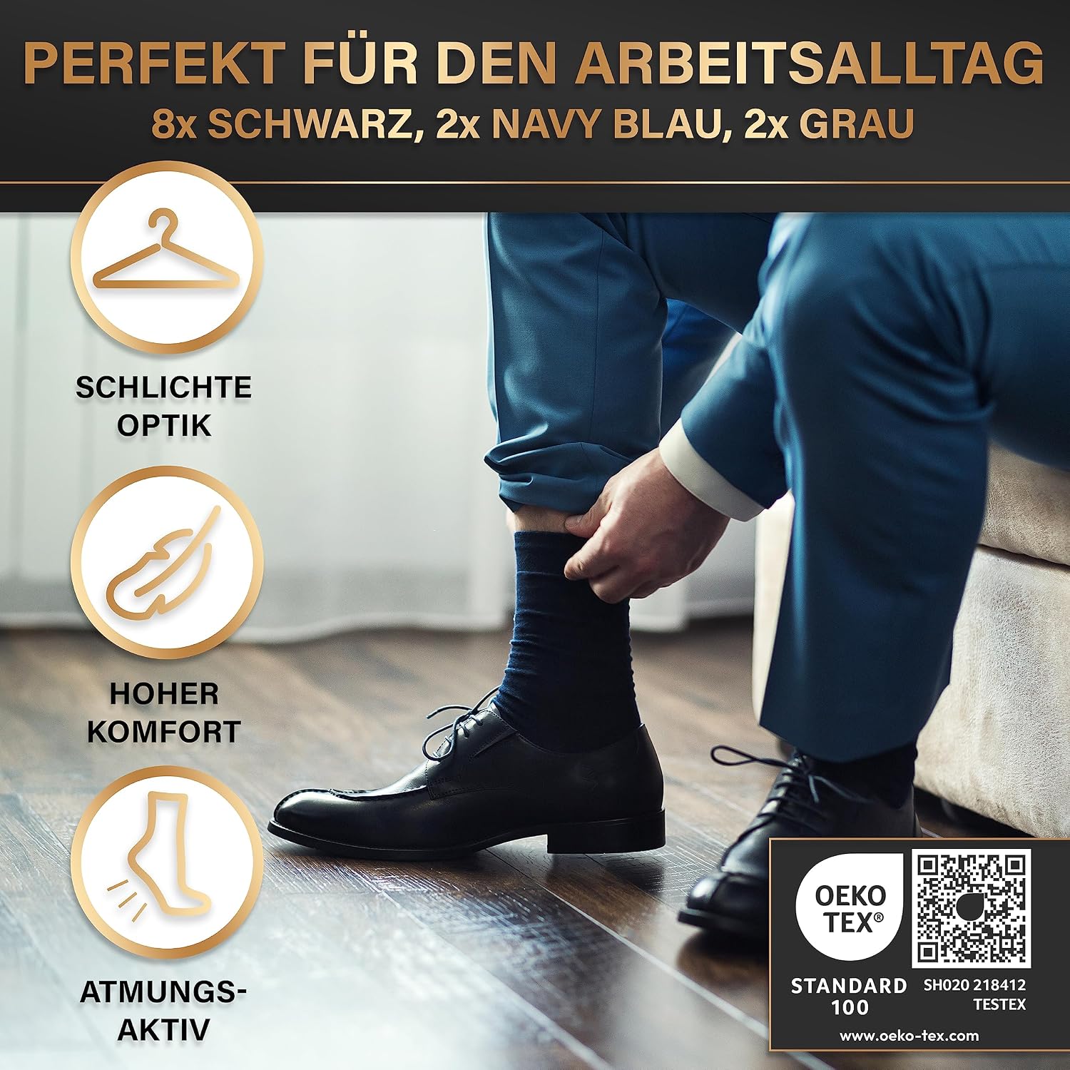 Detalle de HELDENWERK 12er Pack Herren-Business-Socken (atmungsaktive Baumwolle, ohne drückende Naht) – 8× schwarz, 2× grau, 2× navyblau