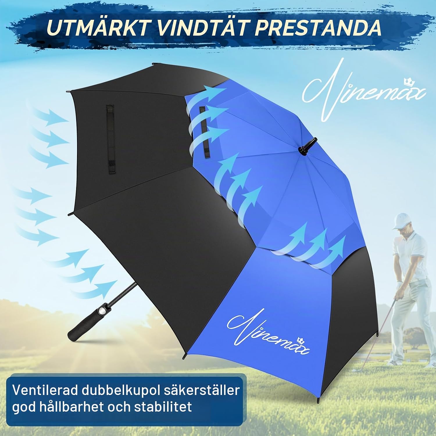 Detalle de NINEMAX golfparaply 62/68 inch med automatisk öppning och dubbeltak