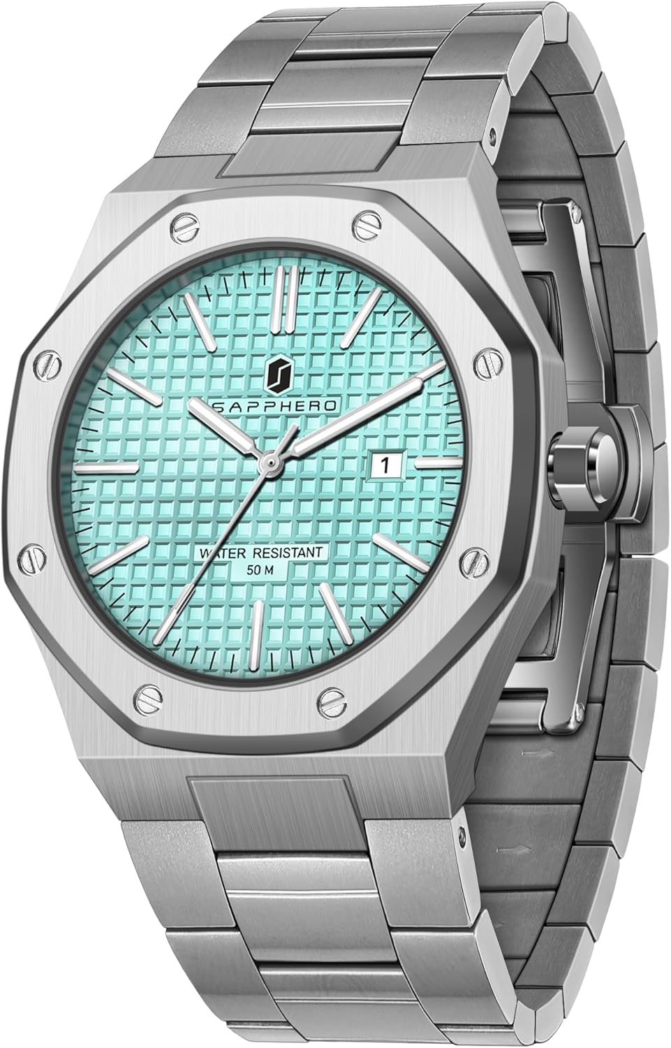 Thumbnail 6 de SAPPHERO Orologio da Uomo Impermeabile 50M in Acciaio Inox, Quarzo Miyota, 42 mm, Cinturino Acciaio, Data Calendario Nero Blu