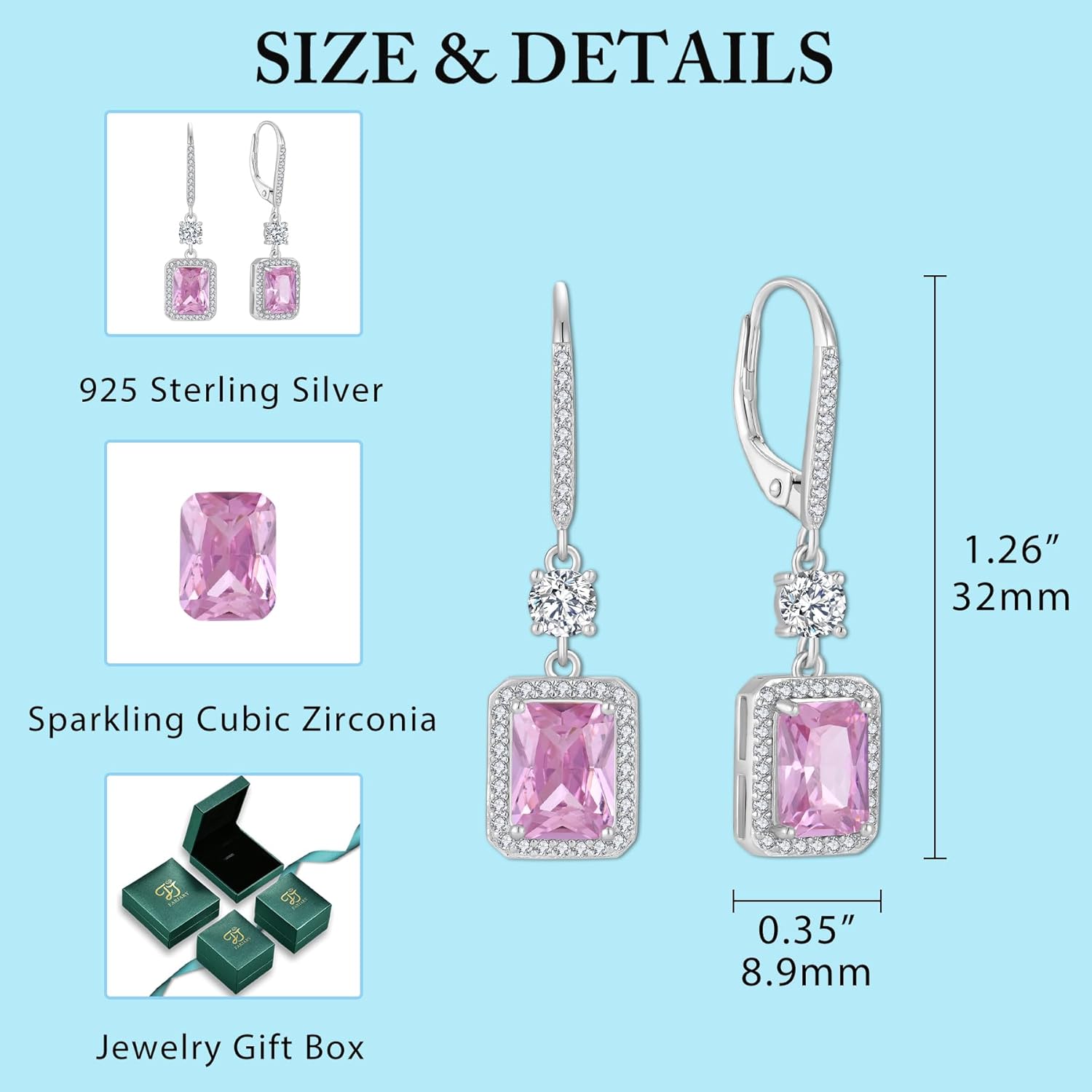 Thumbnail 5 de FJ Rectangular Cut Dangle Drop Earrings in 925 Sterling Silver with Birthstone – Leverback