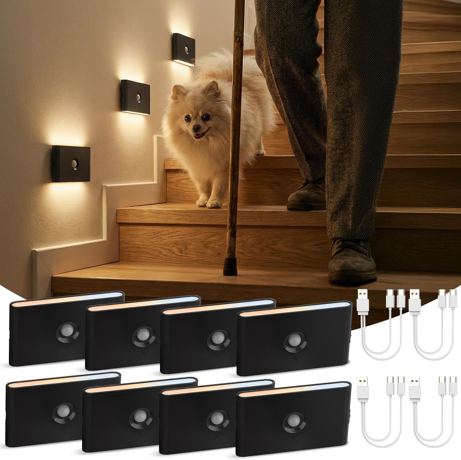 Detalle de LED Nachtlicht mit Bewegungsmelder & Dämmerungssensor – 3 Modi, dimmbar, 3 Farbtemperaturen, wiederaufladbar (8er Set)