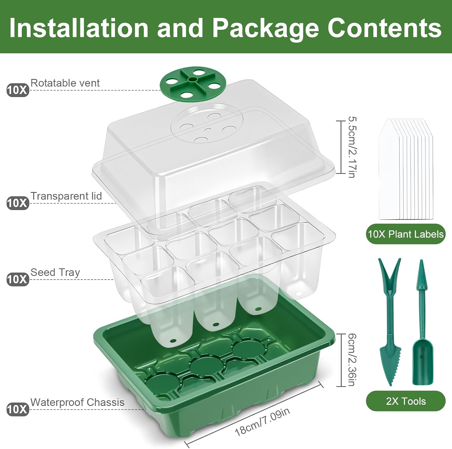 Detalle de Lychee Seed Trays, 10 Pack 120 Cells Propagator with Lidded/Rotatable Vent Design for Greenhouse & Gardens