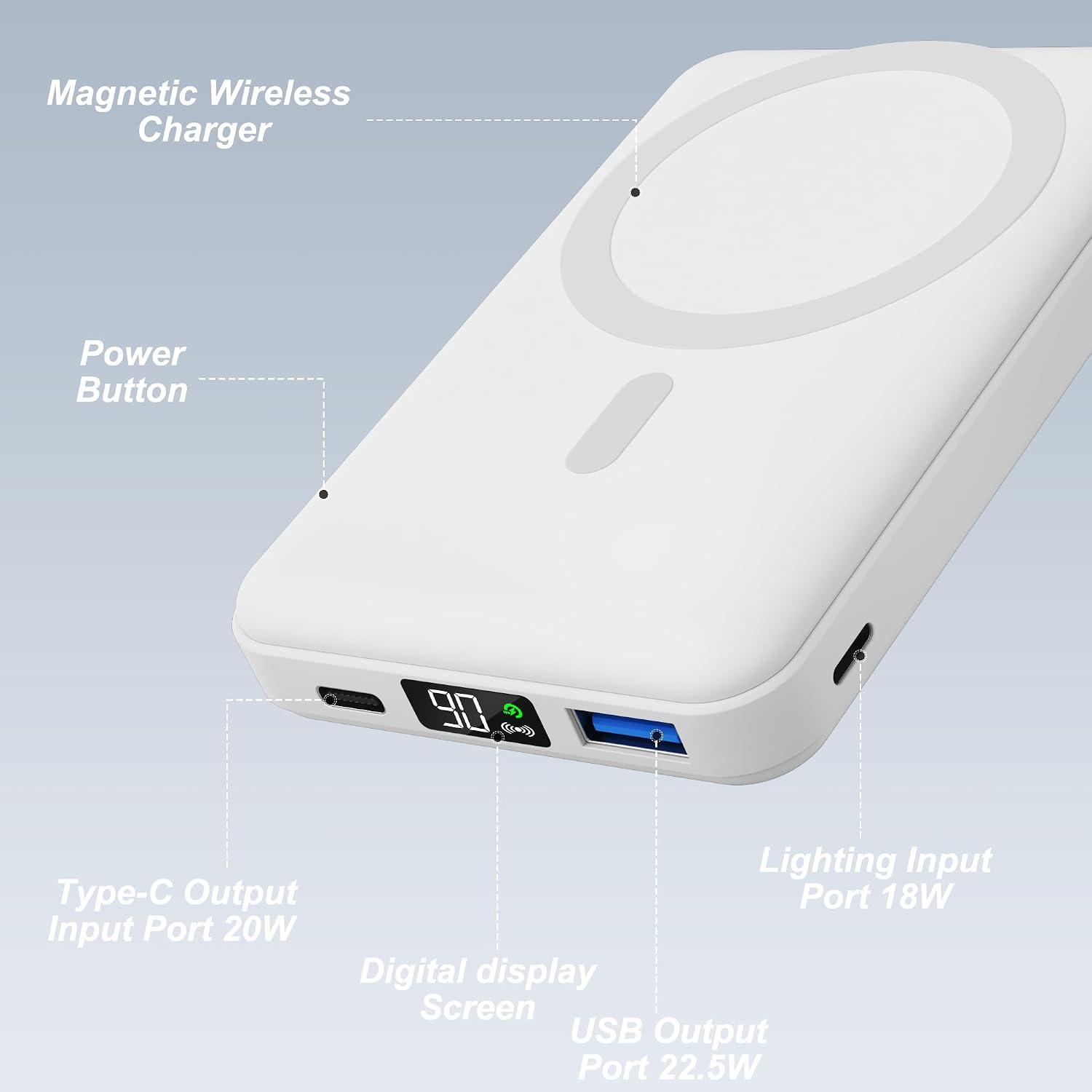 Detalle 2 de AOGUERBE MagSafe Power Bank 10000mAh — Wireless Magnetic Charger with LED Display