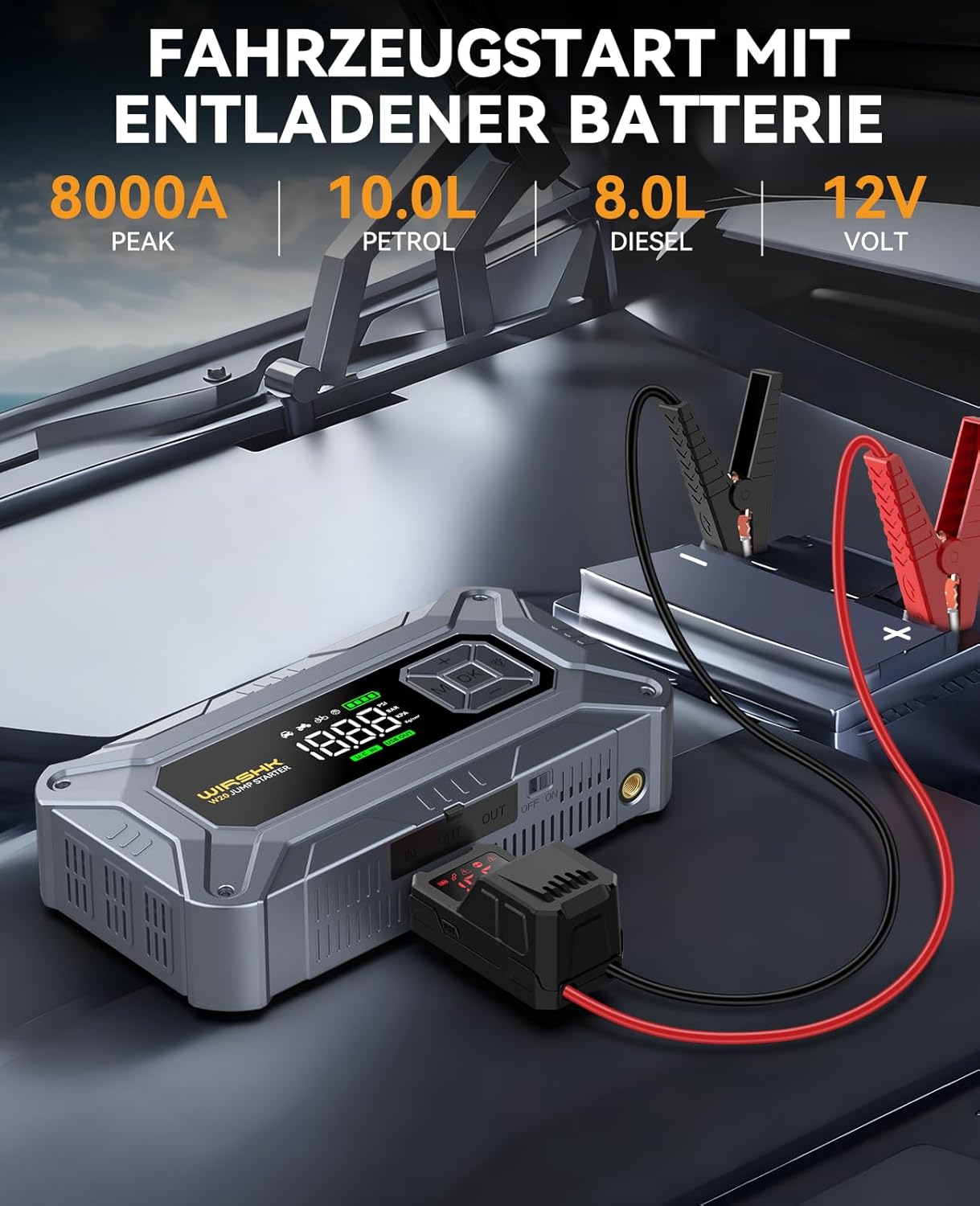 Thumbnail 1 de WIRSHK Batterie Booster 8000A mit Luftpumpe (160 PSI), Display & Notleuchte
