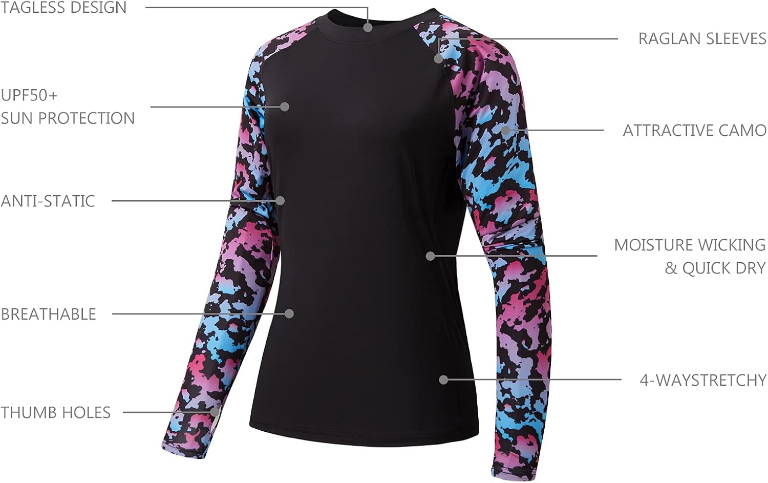 Detalle de Bassdash Damen Rash Guard mit UPF 50+ Sonnenschutz – Langarm-Shirt für Angeln, Wandern & Outdoor