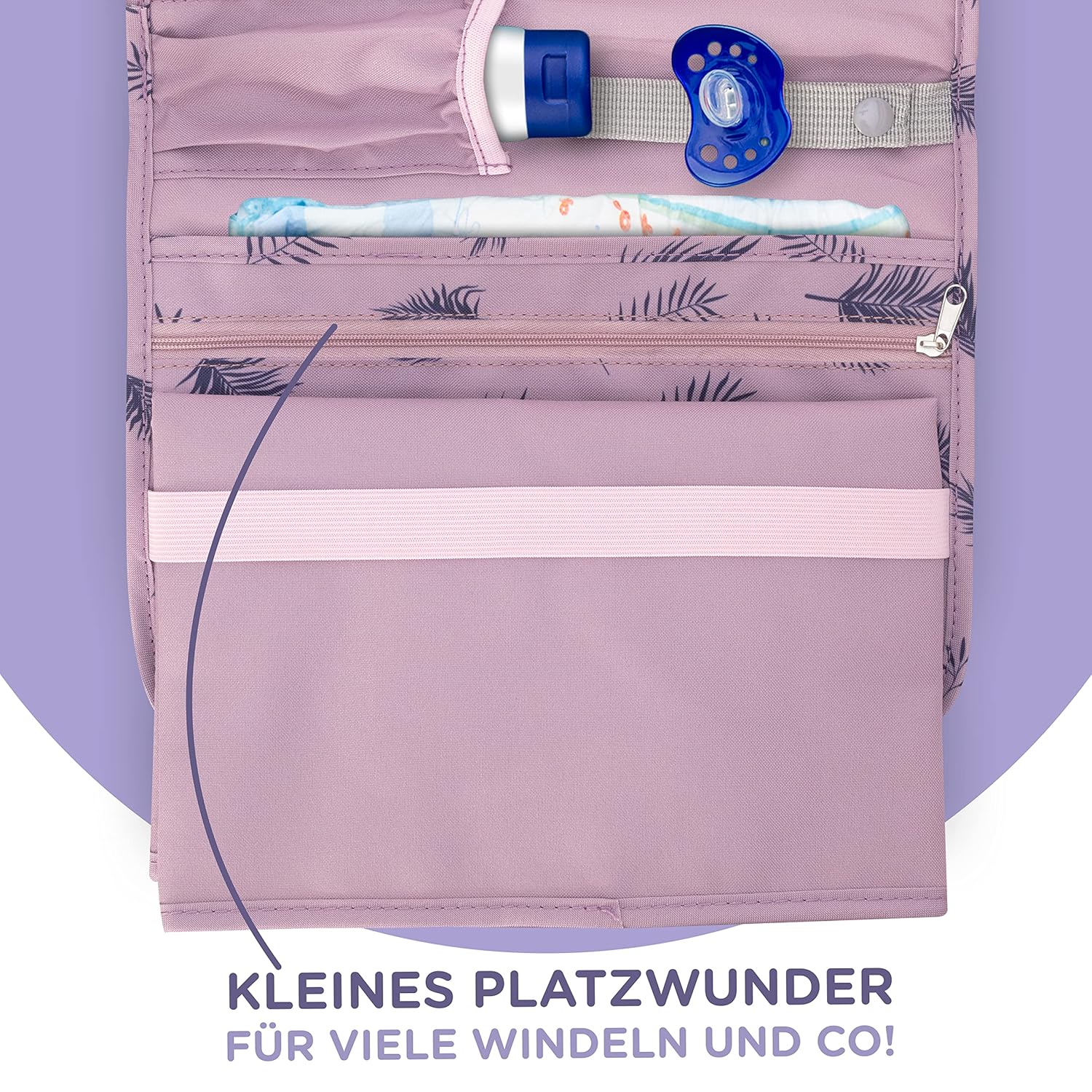 Detalle 2 de Jubi Windeltasche mit Wickelunterlage für unterwegs – Kleine, platzsparende Wickeltasche in Lila mit Palmen (Klettverschluss)