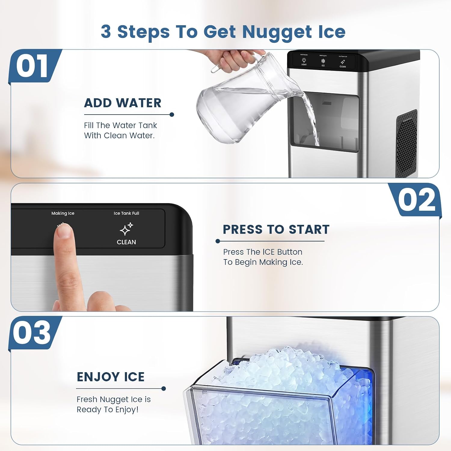 Detalle de COWSAR CB24M-C Nugget Ice Maker, 35 lb/24h, 6-Minute Ice, Stainless Steel