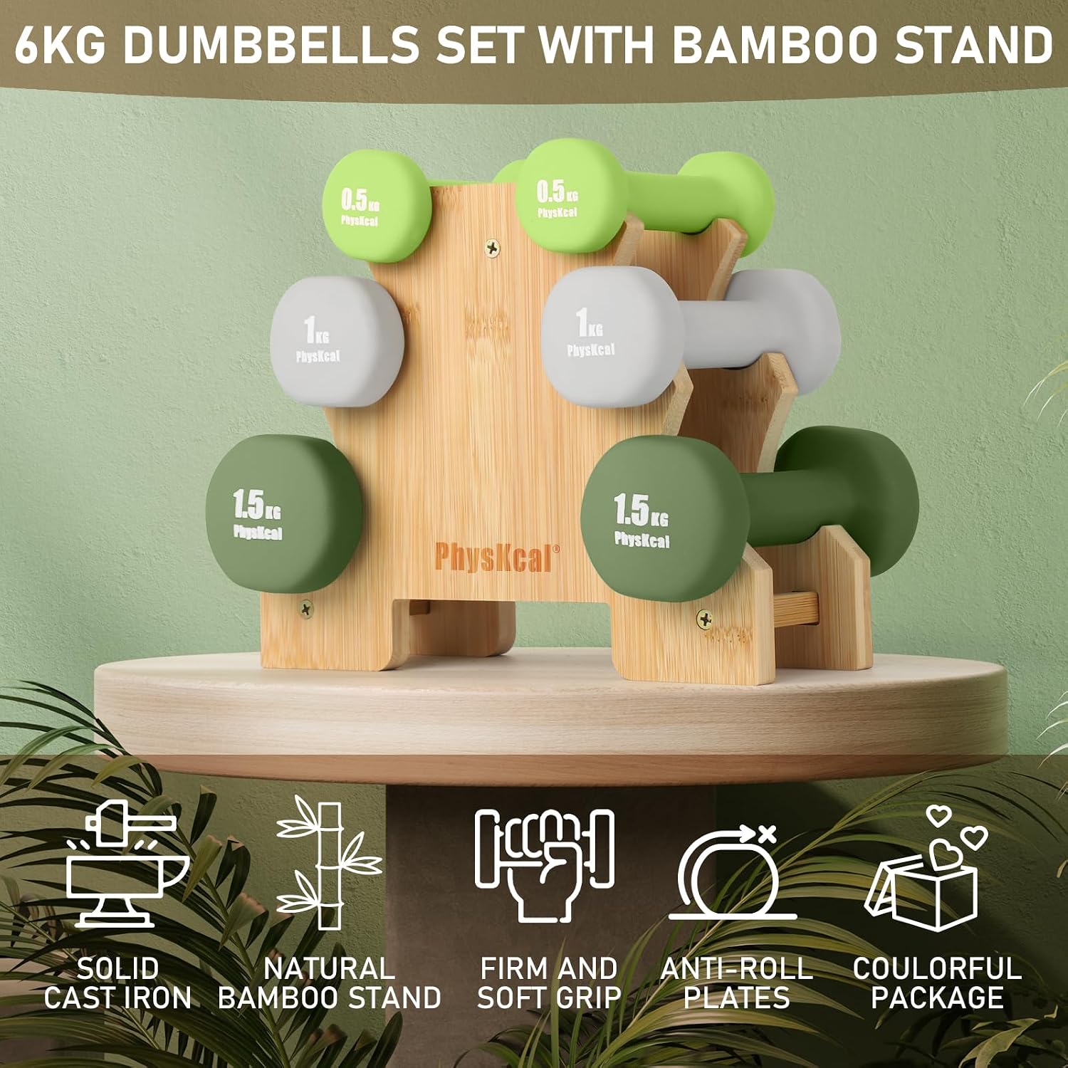 Detalle 2 de PhysKcal Kurzhantel-Set mit Bambusständer – 6 kg Hanteln, ideal für Heimtraining