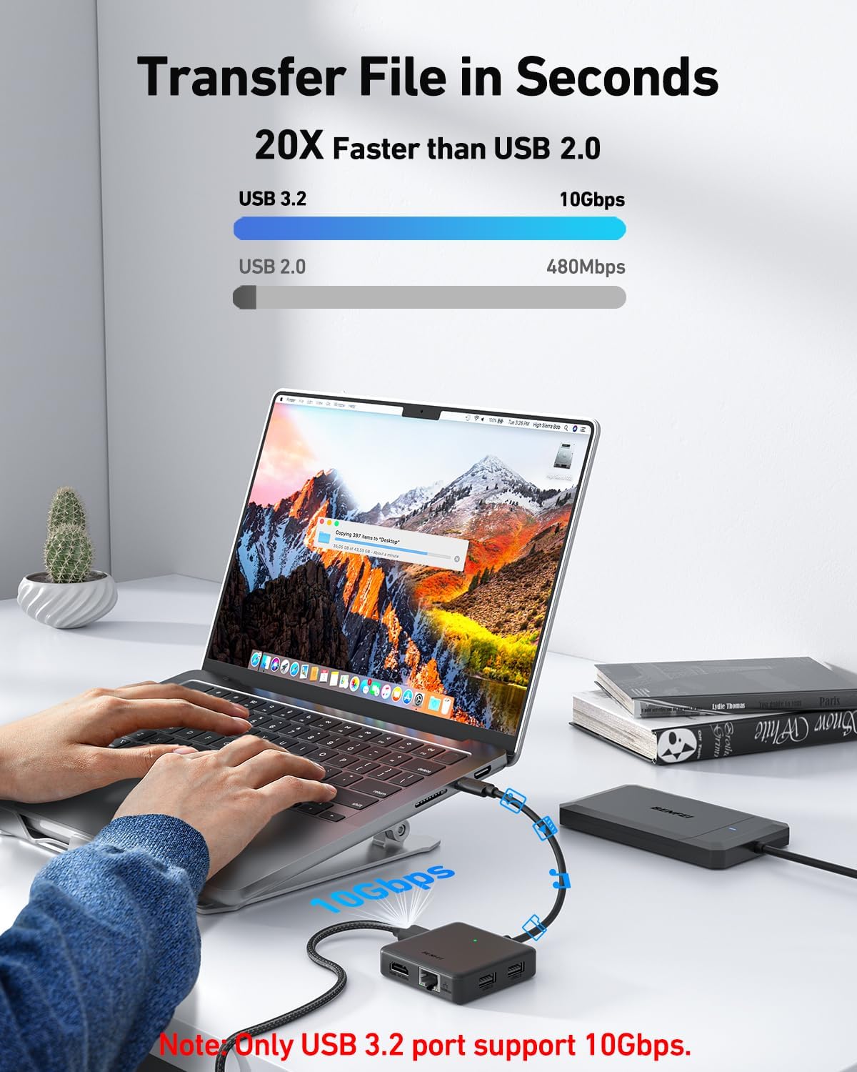 Detalle de BENFEI 000399black USB-C-hub 6-in-1 met HDMI 4K@60Hz en 100W Power Delivery