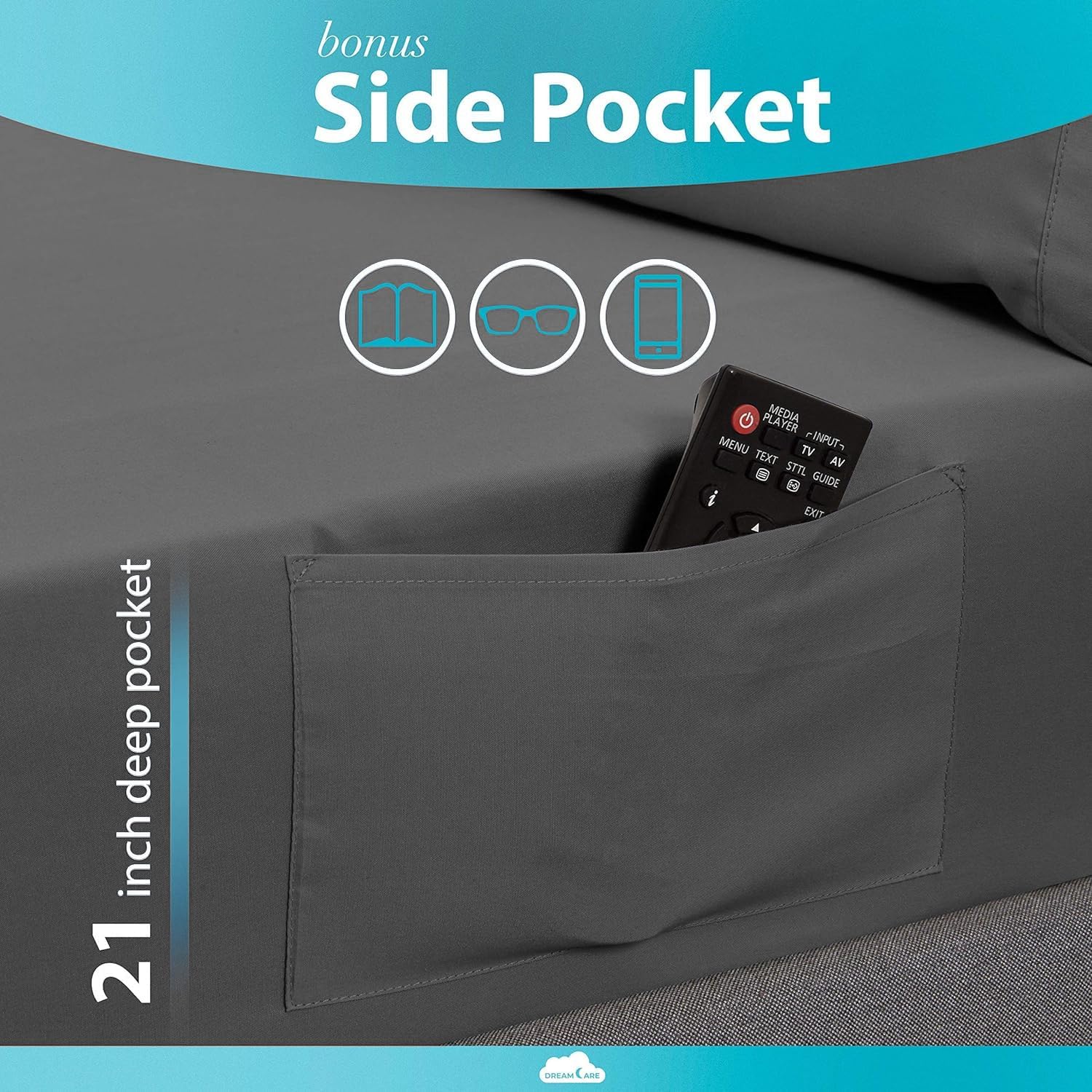Detalle de DREAMCARE King Fitted Sheet, Dark Grey Brushed Microfiber, Pocket up to 15in