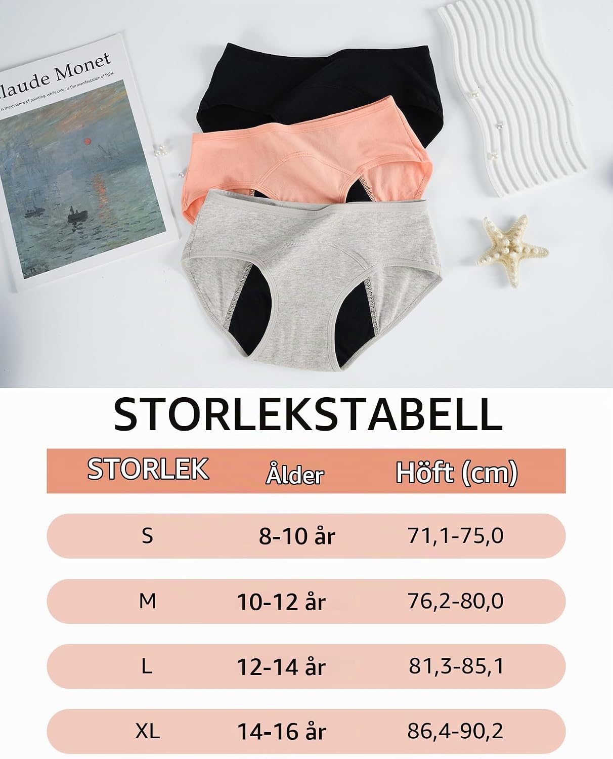 Detalle 1 de INNERSY periodtrosor för flickor i bomull, läckageskyddande, 3-pack