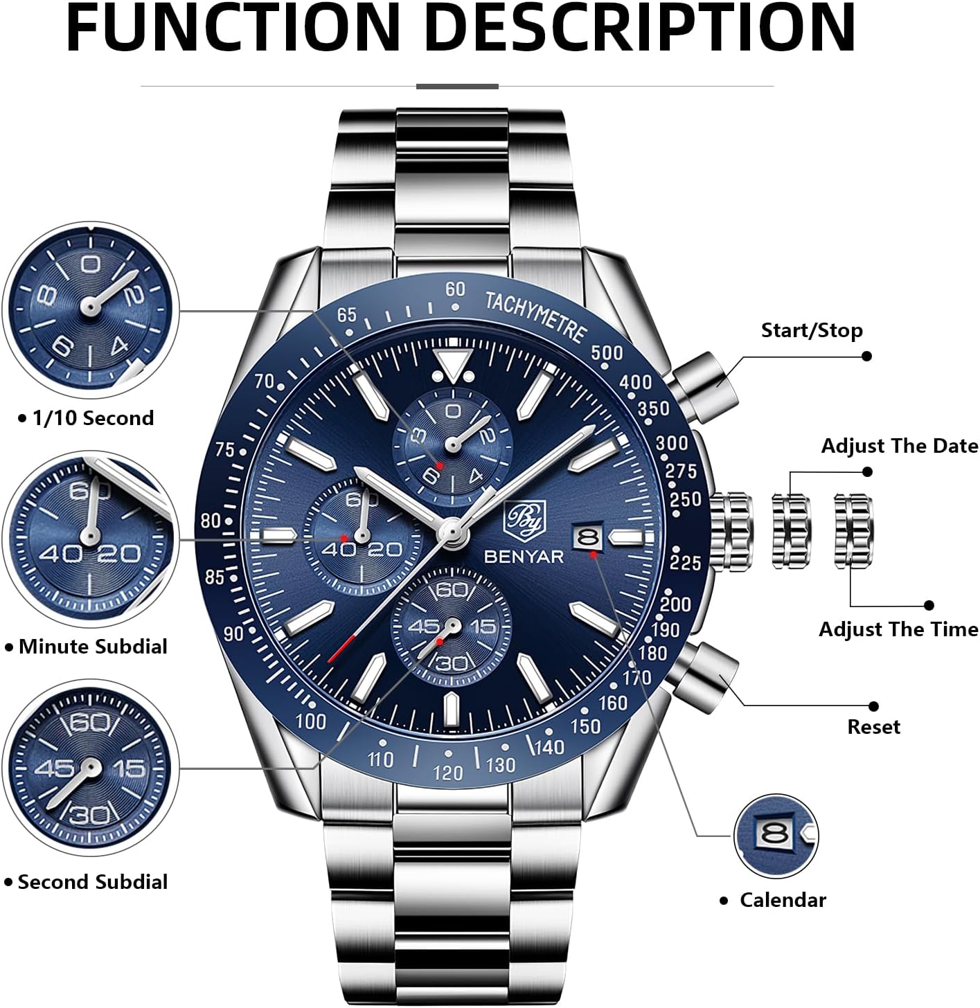 Detalle de BY BENYAR CFBY5140-8 herenhorloge met quartz, chronograaf en leren band