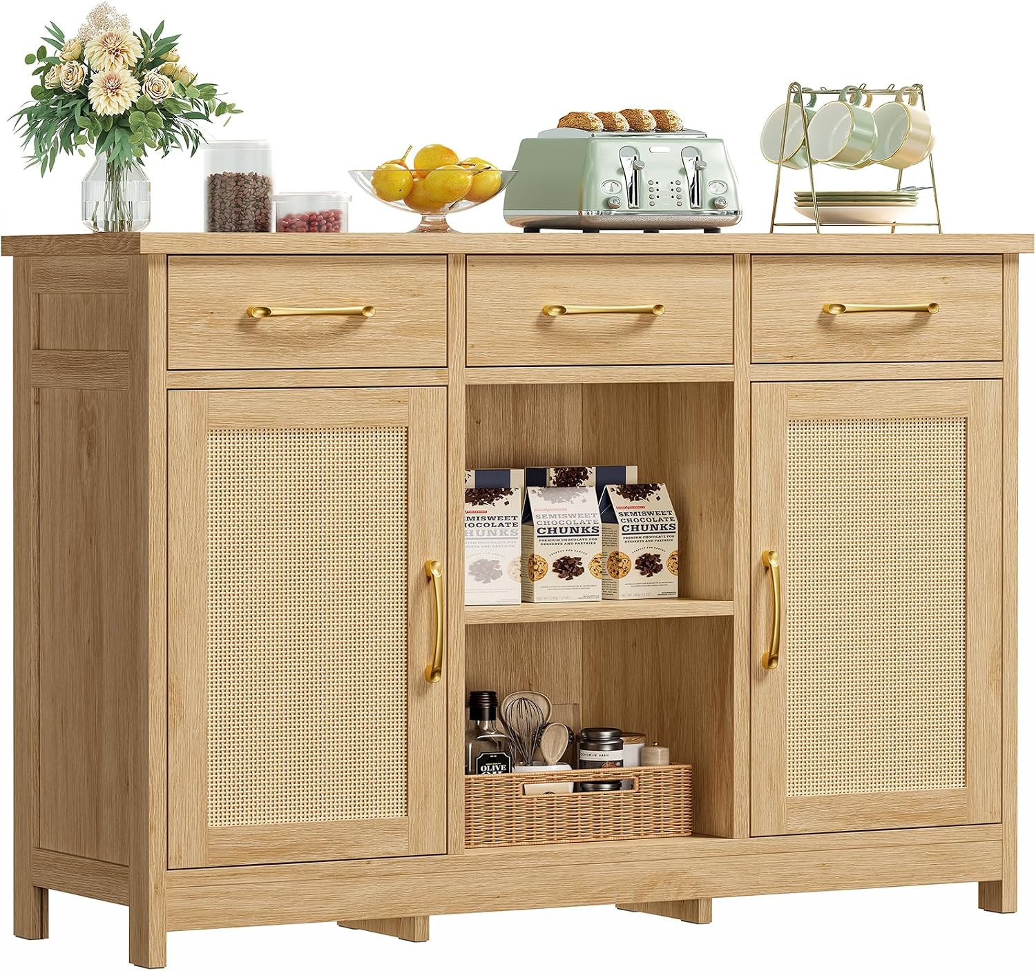 Detalle de TEENFON buffet cabinet Coffee Bar Sideboard with 3 Drawers and 2 Adjustable Shelves
