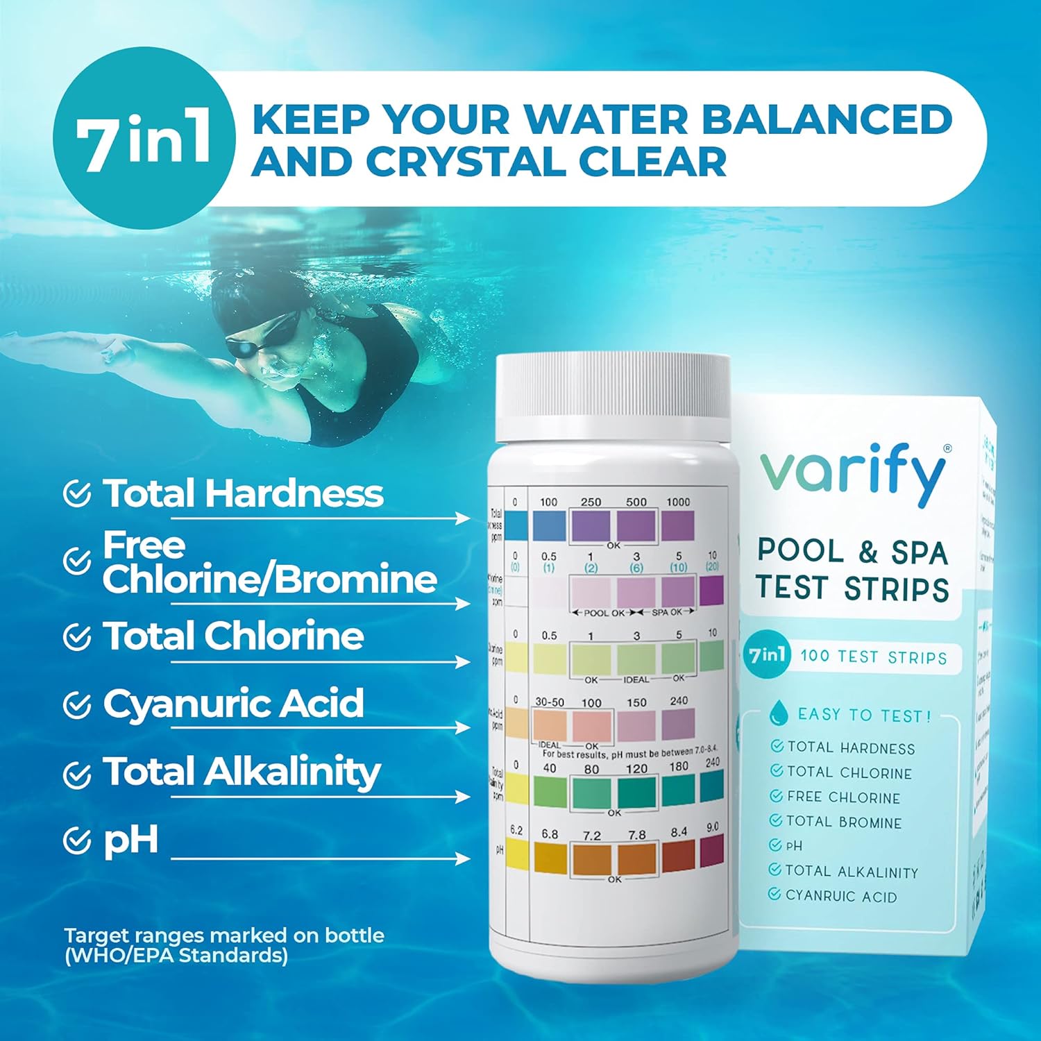 Thumbnail 1 de VARIFY 7 in 1 Pool and Spa Test Strips (100 strips) for chlorine, bromine, pH and more