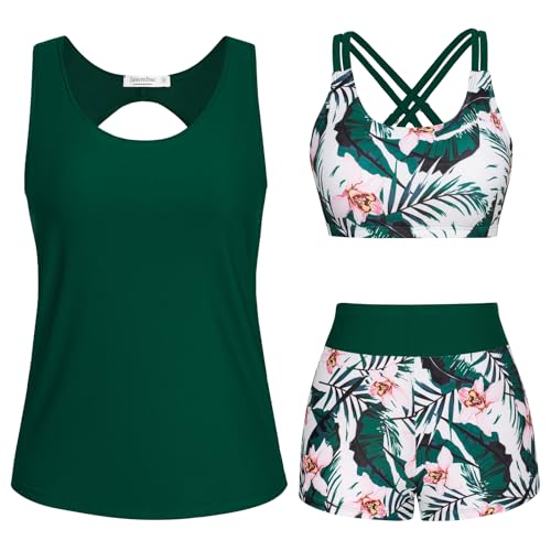 Detalle de JASAMBAC 3-teiliger Tankini Damen Set – Bauchweg Push-Up Oberteil, High-Waist Badeshorts und flexibles Oberteil