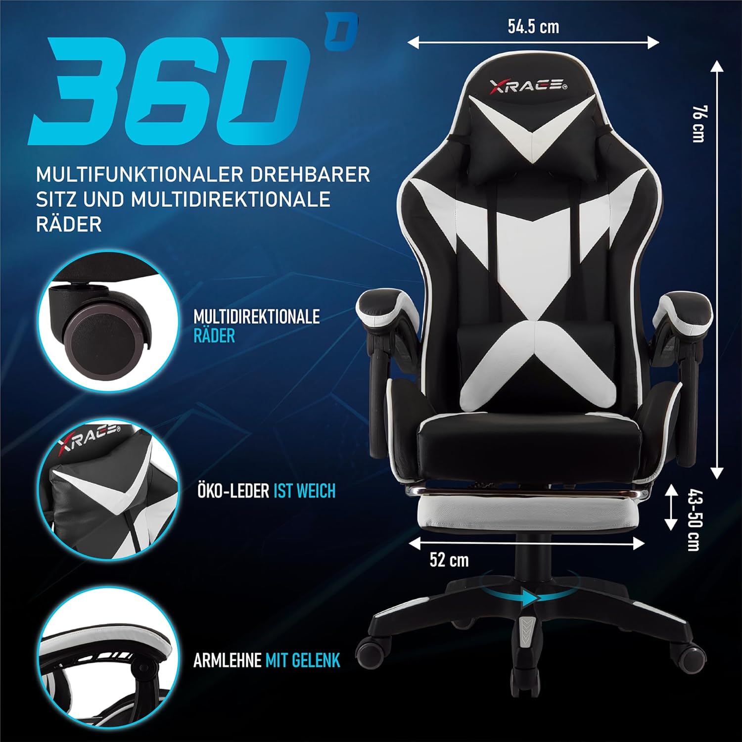Thumbnail 2 de xRace Gaming Stuhl (weiß) – ergonomischer Bürostuhl mit Lendenwirbelstütze, Kopfstütze und Fußstütze