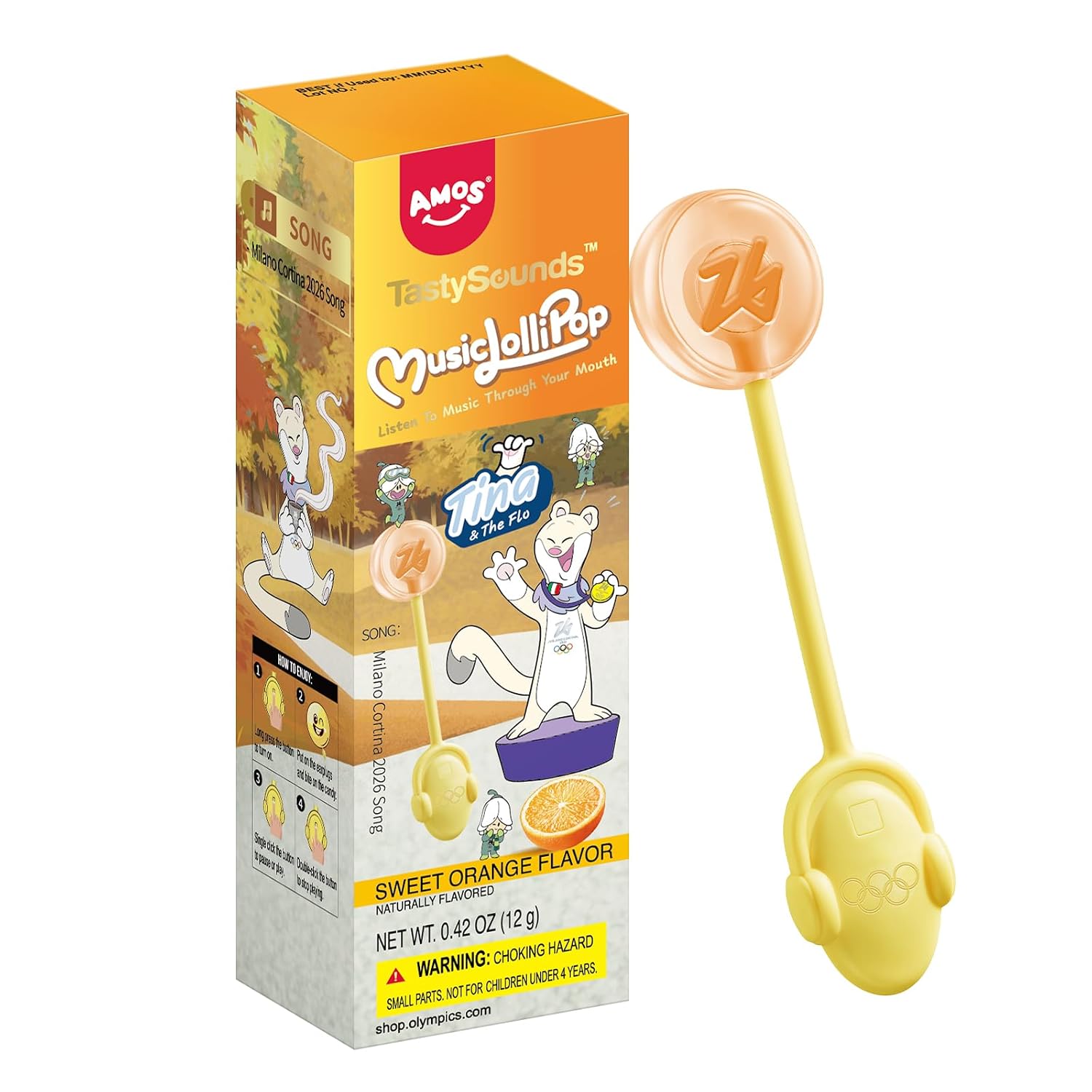 Detalle de AMOS Musik-Lutscher Audio Lollipop (1 Stück, Orange) – zuckerfrei, glutenfrei, einzeln verpackt