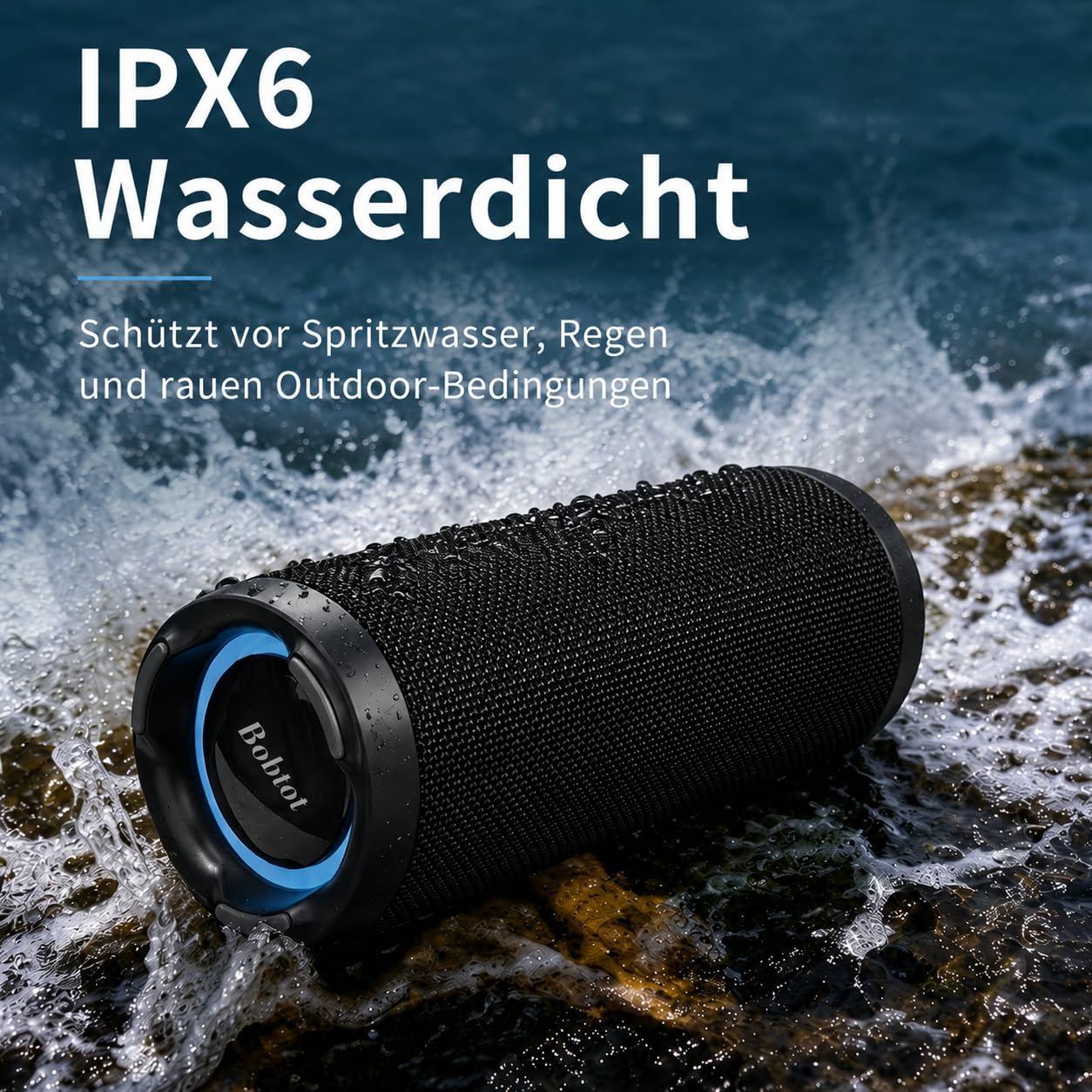 Detalle de Bobtot Tragbarer Bluetooth-Lautsprecher – 15 W RMS, IPX6, 15 Std Akku, RGB, TWS