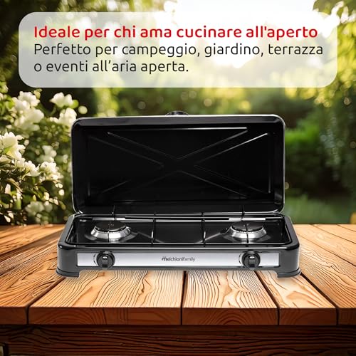 Detalle de Melchioni Family MINERVA 2: Fornello a Gas 2 Fuochi Nero, compatto e potente per campeggio