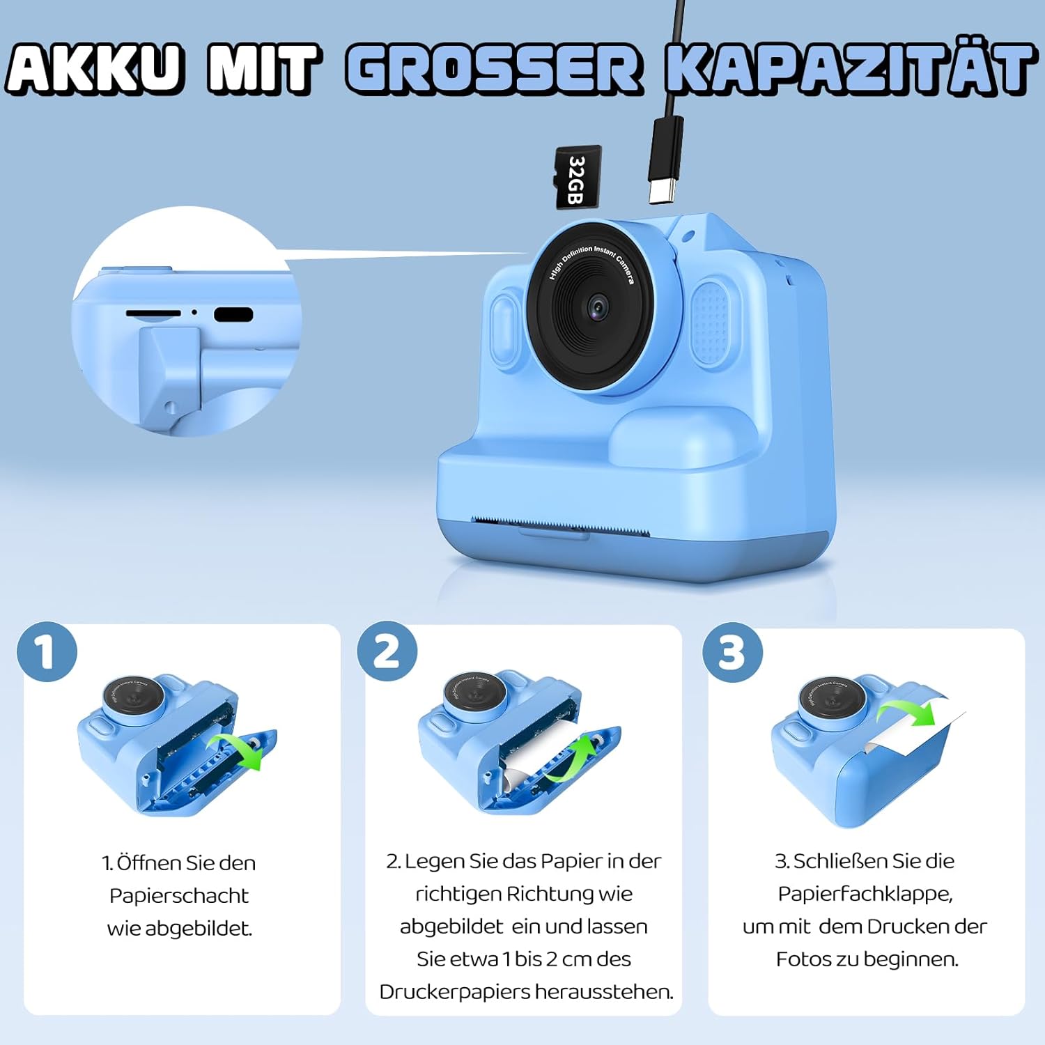 Thumbnail 6 de WOWAWOLA Sofortbildkamera Kinder mit 180° Klappobjektiv – 1080P, 32GB, Druckpapier & Mehr