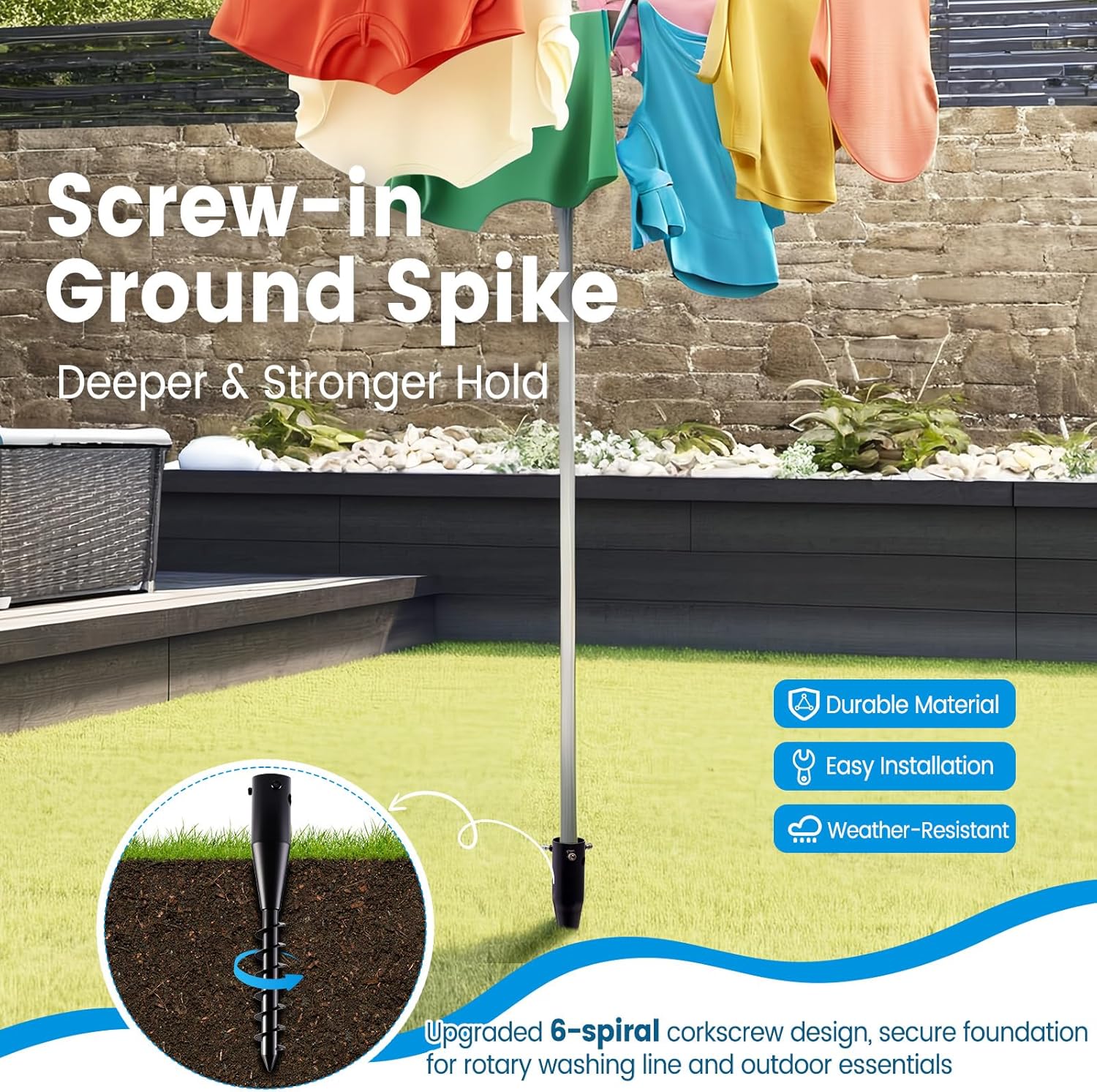 Thumbnail 2 de CJYMMFAN Heavy-Duty Parasol Anchor & Rotary Washing Line Spike (6-Spiral Corkscrew Base)