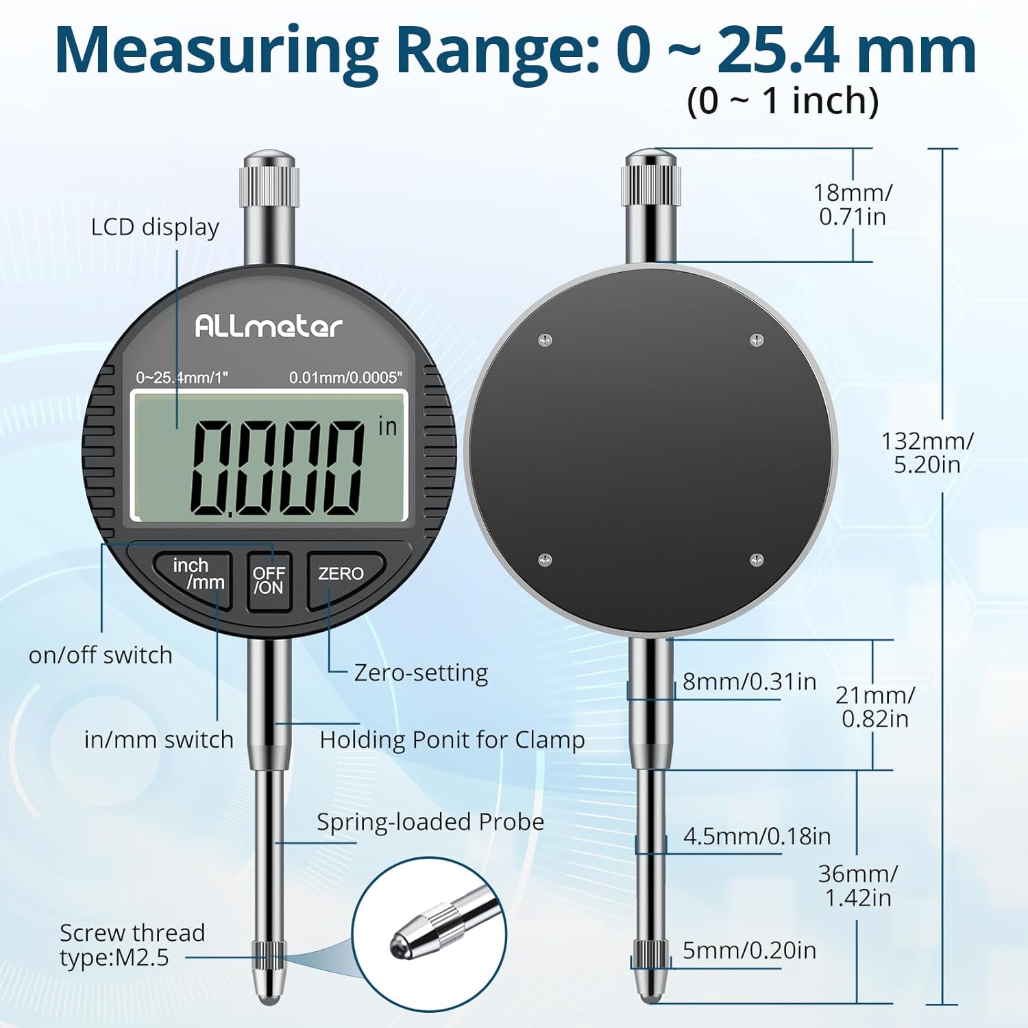 Detalle de ALLmeter DTI Digital Dial Indicator 0.01mm / 0.0005" Resolution, 0-25.4mm / 1" Range