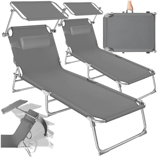 Detalle de tectake Set de 2 tumbonas de jardín plegables con parasol y respaldo regulable (gris) – hasta 110 kg