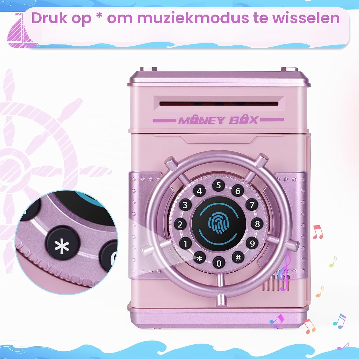 Detalle de Yellcetoy YE941 elektrische spaarpot in roze met code, muziek en muntsleuf